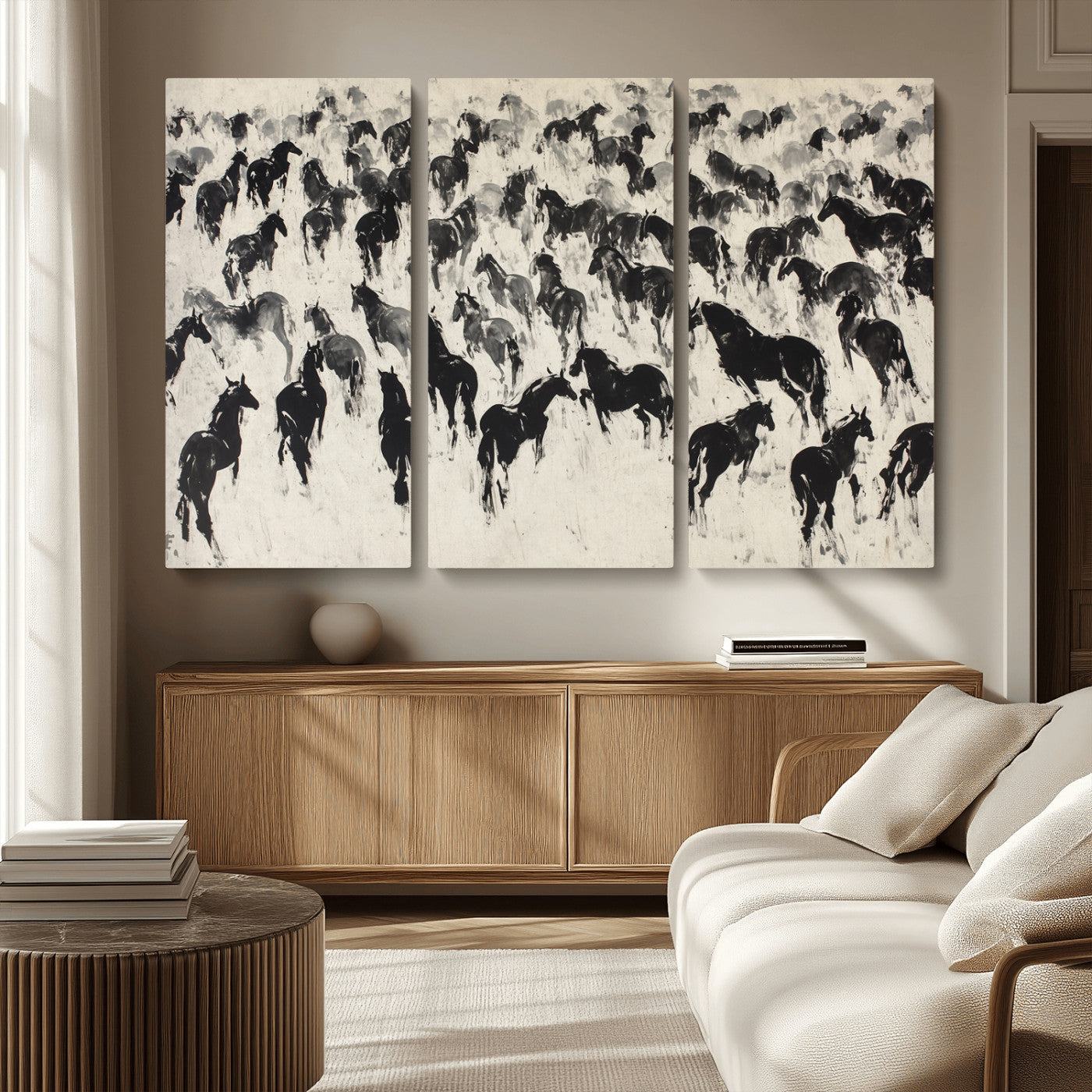 -Wild Horse Stampede Wall Art Canvas Print – Monochrome Running Horses Dynamic Motion Elegant Scene Artwork for Home, Office