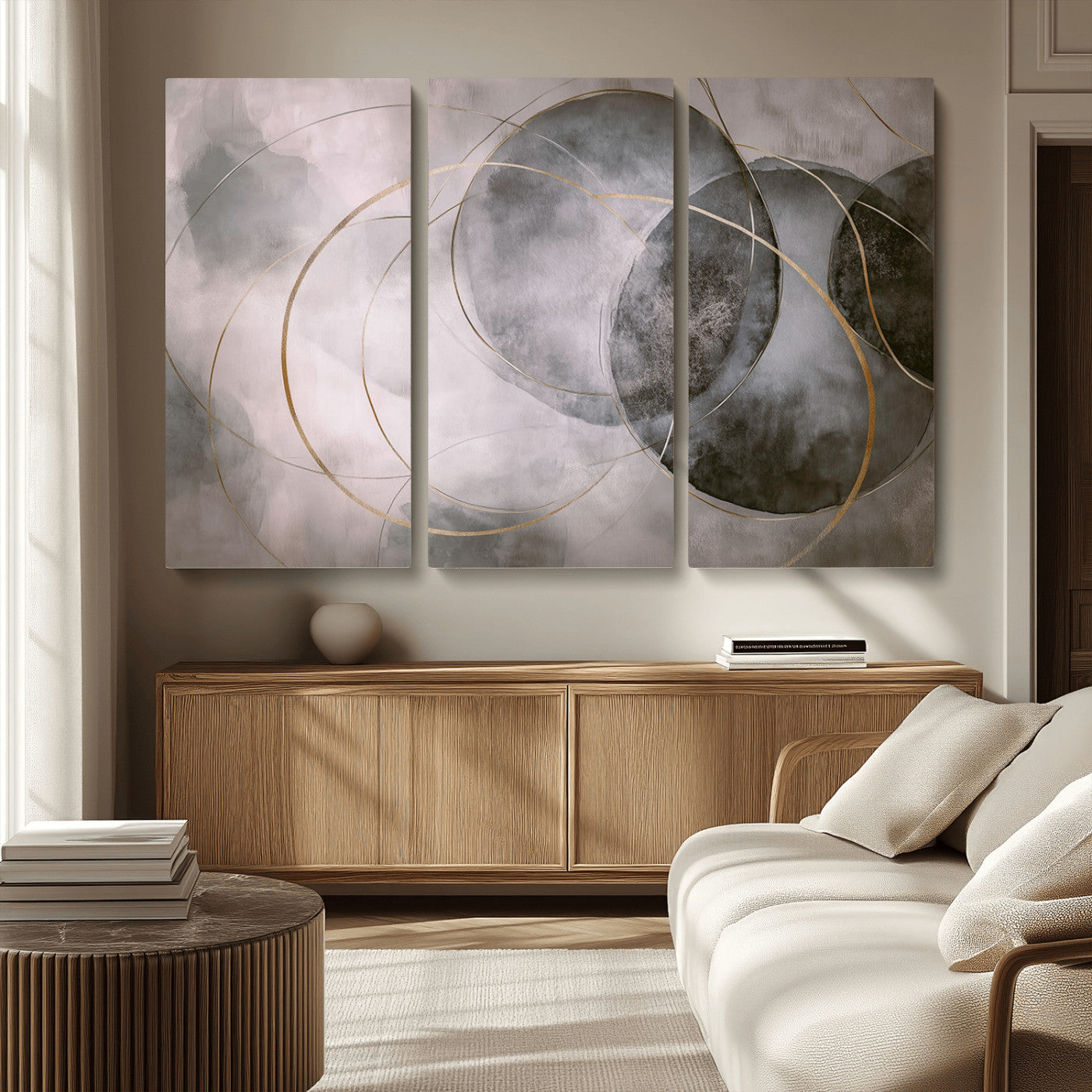 20066876-MGV-CV-36X24-Abstract Grey Gold Circle Wall Art – Modern Geometric Canvas Artwork, Minimal Elegant Design, Luxury Wall Decor for Home, Office