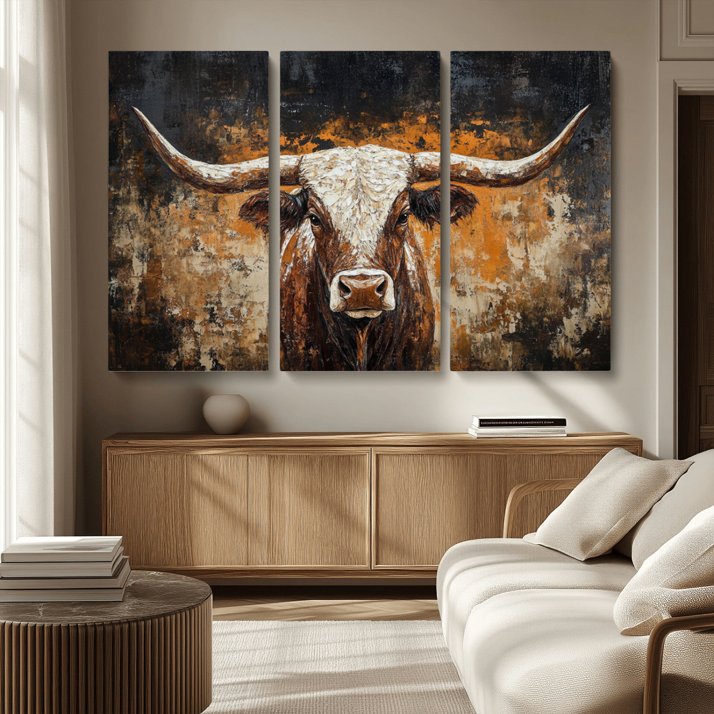 25265572-MGV-CV-36X24-Rustic Longhorn Bull Wall Art Canvas Print – Vintage Western Cattle Scene, Texas Steer Artwork for Home, Office
