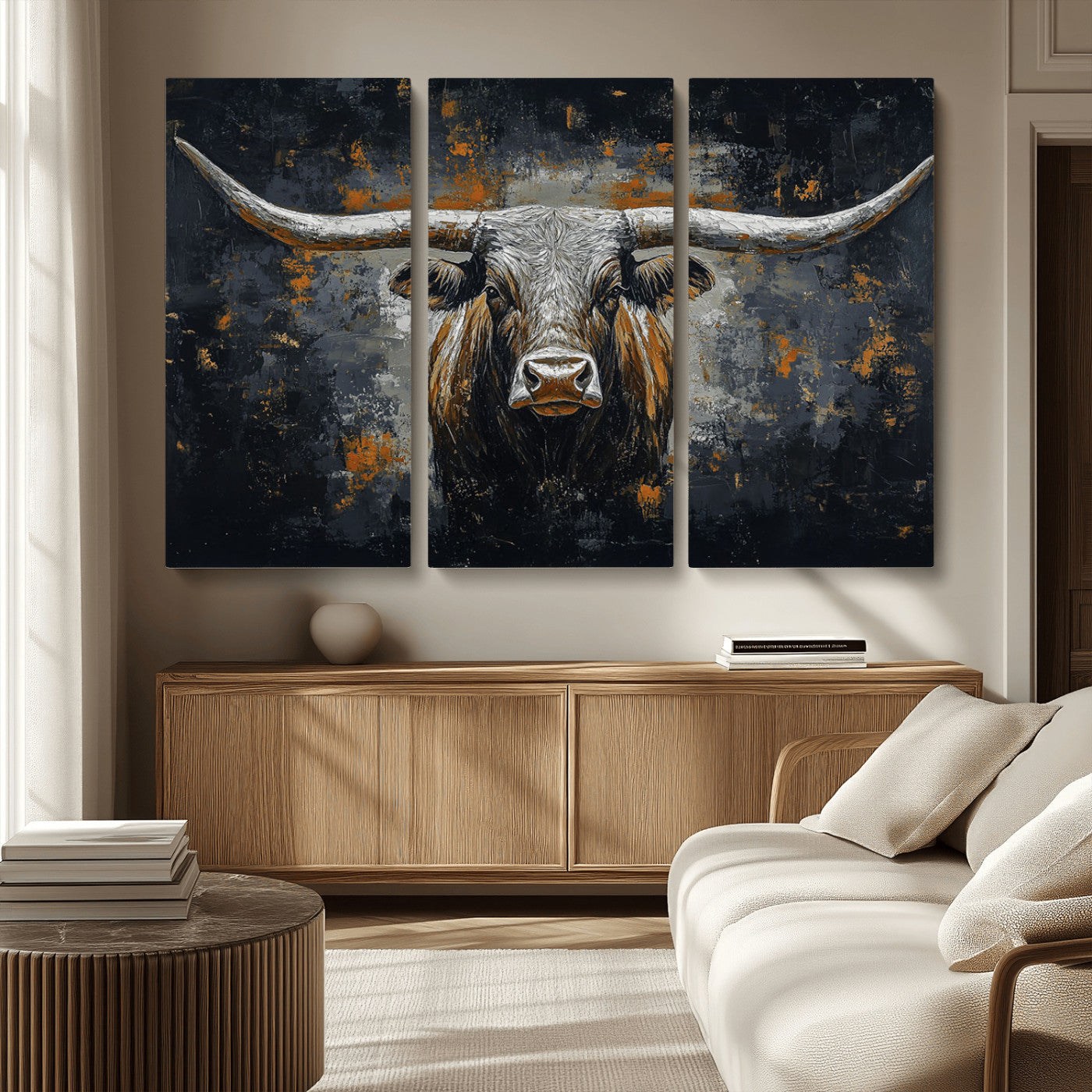 93195031-MGV-CV-36X24-Rustic Longhorn Bull Wall Art Canvas Print – Vintage Western Cattle Scene, Texas Steer Artwork for Home, Office