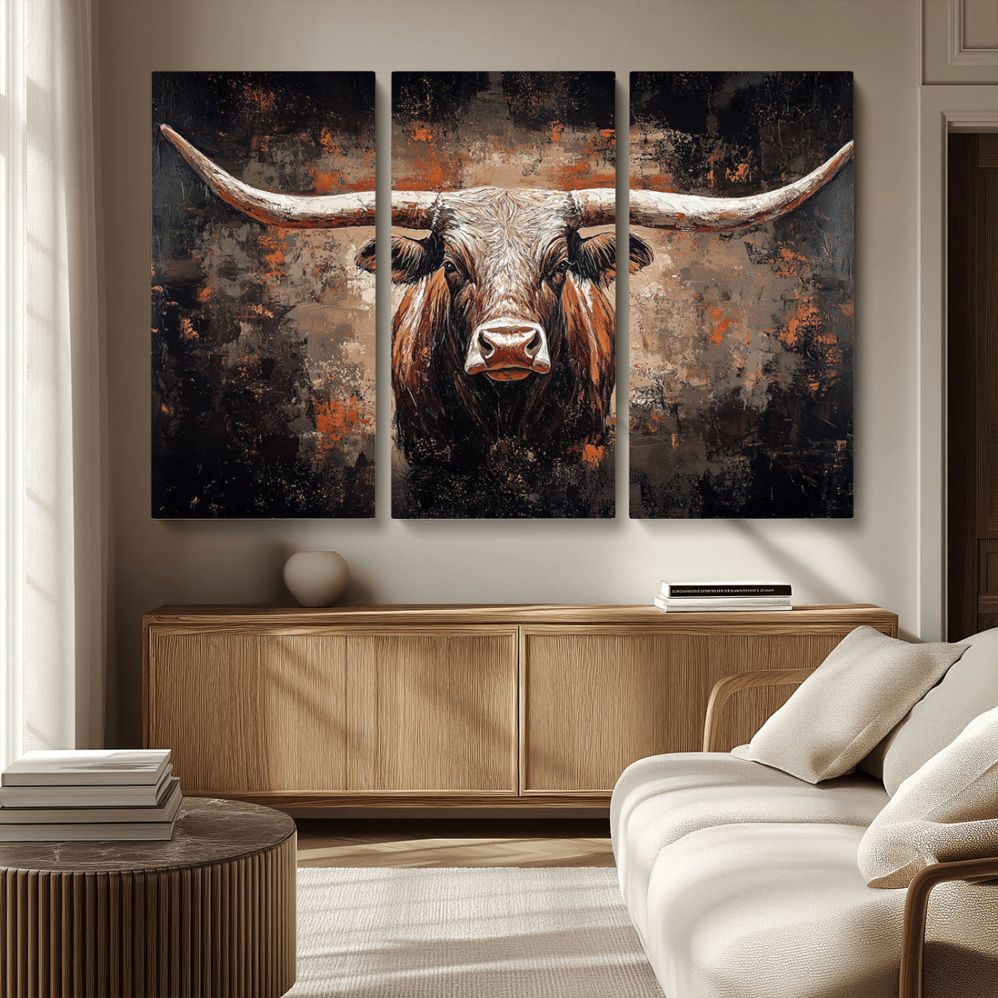24779067-MGV-CV-36X24-Rustic Longhorn Bull Wall Art Canvas Print – Vintage Western Cattle Scene, Texas Steer Artwork for Home, Office