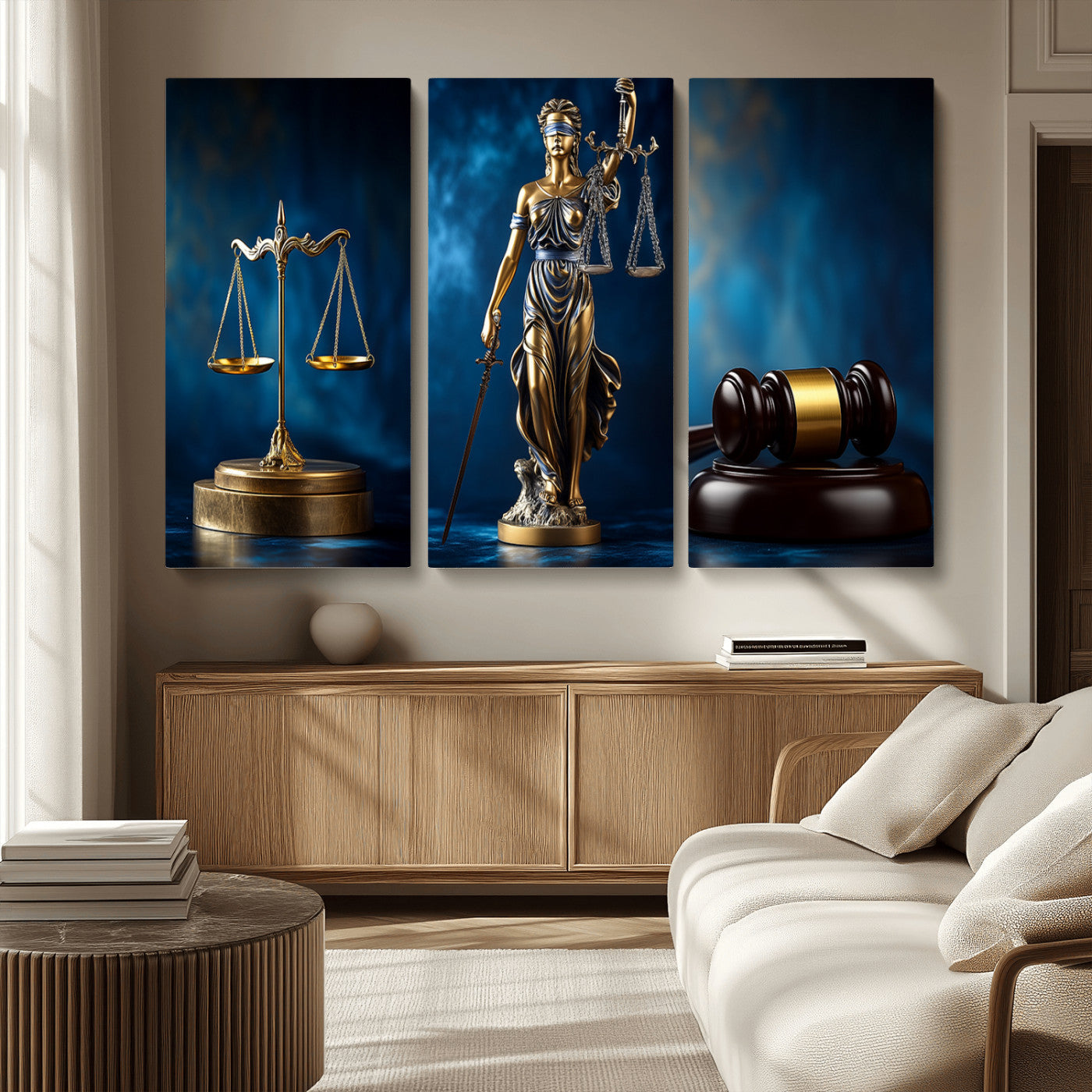 33888279-MGV-FP-36X24-3P_Walnut-Lady Justice Wall Art Canvas Print – Elegant Gold Legal Symbols Blue Background, Perfect for Law