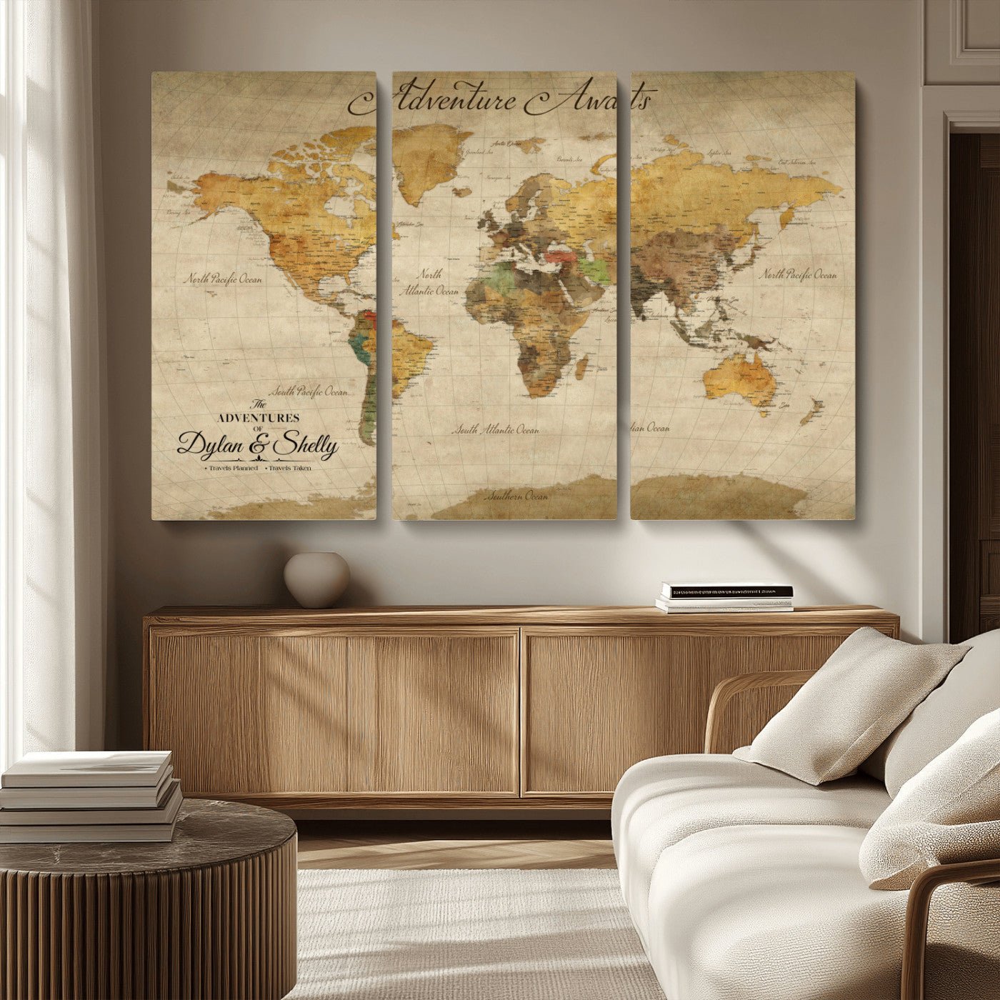 Rehber01-MGV-CV-36X24-Personalized World Map Canvas – Custom Framed Push Pin Travel Map Wall Art, Rustic Vintage Gift for Couples and Travel Lovers