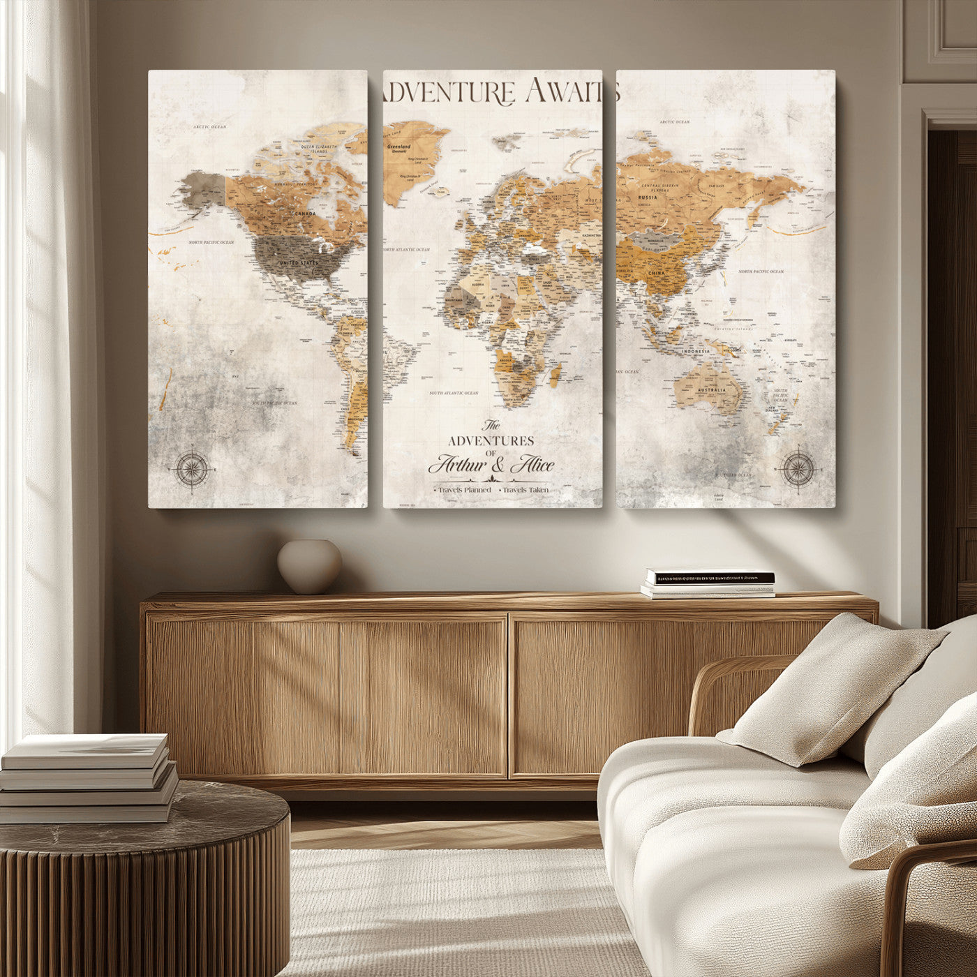 Rehber01-MGV-CV-36X24-Personalized World Map Canvas Print – Custom Push Pin Travel Map Vintage Neutral Style Gift for Couples Travelers for Home Office