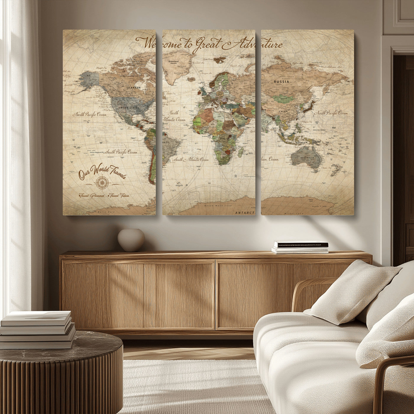-Personalized Antique World Map Canvas Print – Custom Push Pin Travel Tracker Vintage Adventure Gift for Couples for Home, Office