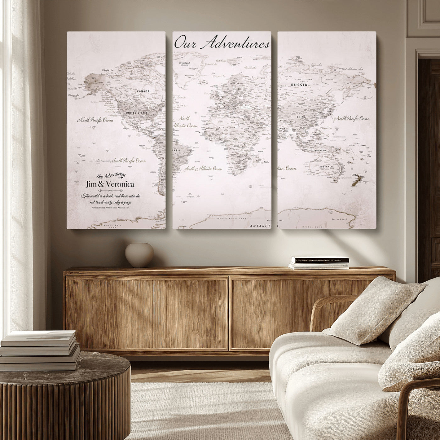 14561774-MGV-CV-36X24-Custom Push Pin World Map Wall Art – Personalized Travel Canvas Print with Foam Pins Framed Decor for Home, Office
