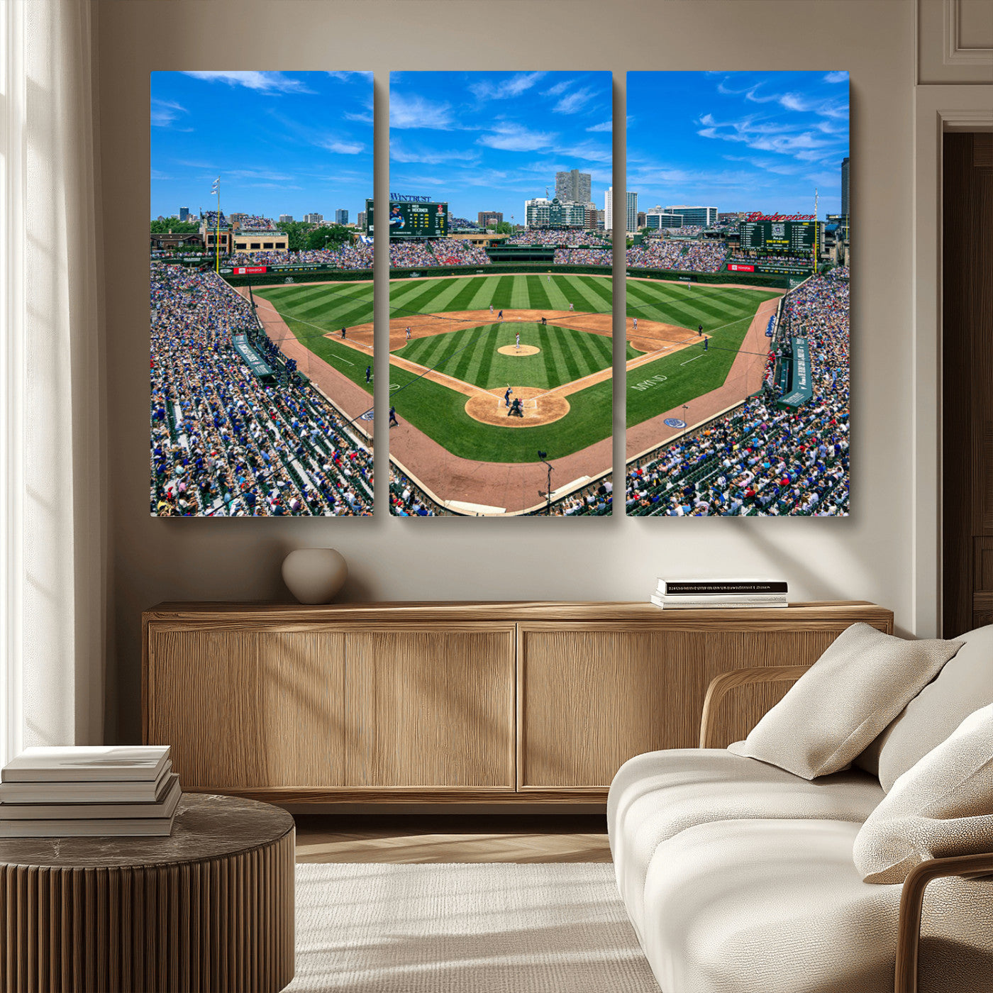 35800083-MGV-CV-48X32-3P - Wrigley Field Baseball Stadium Canvas Wall Art – Packed Crowd Sports Stadium City Skyline Artwork for Home Office