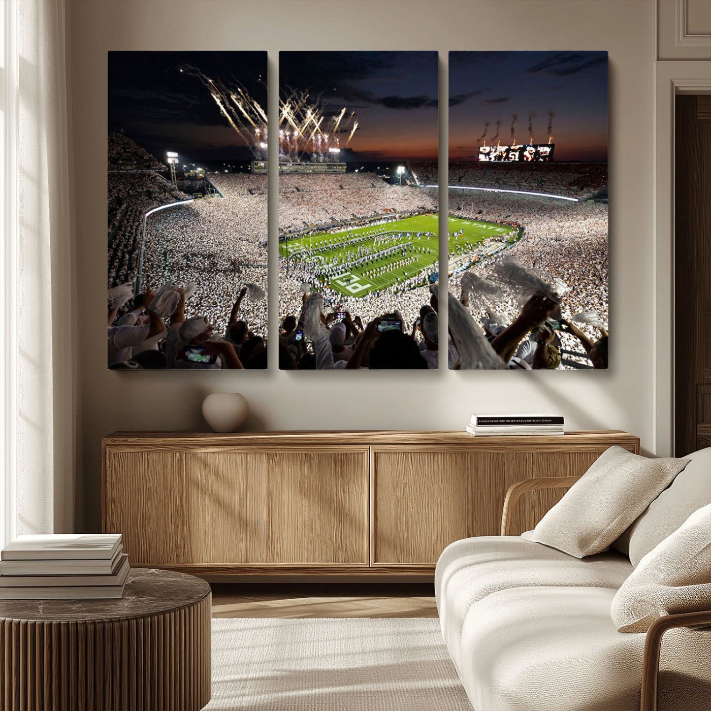 11221988-MGV-CV-48X32-3P - Epic Night Football Stadium Wall Art Canvas Print, Fireworks and Crowd Energy Game Day Excitement Decor for Home, Office