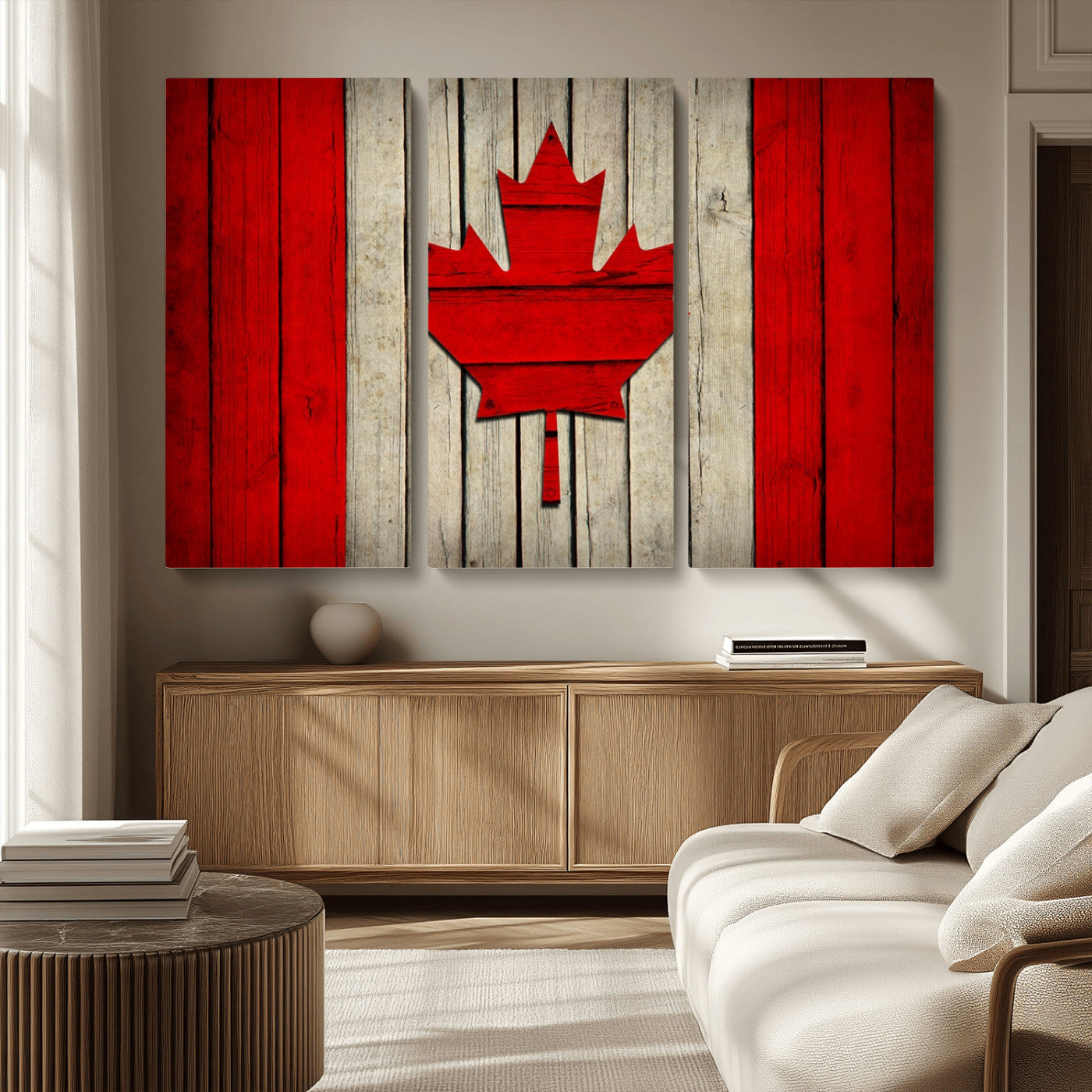 22674-MGV-CV-48X32-3P-Rustic Canada Flag Wall Art – Framed Canadian Flag Canvas Print, Vintage Wood Texture Home or Office Decor