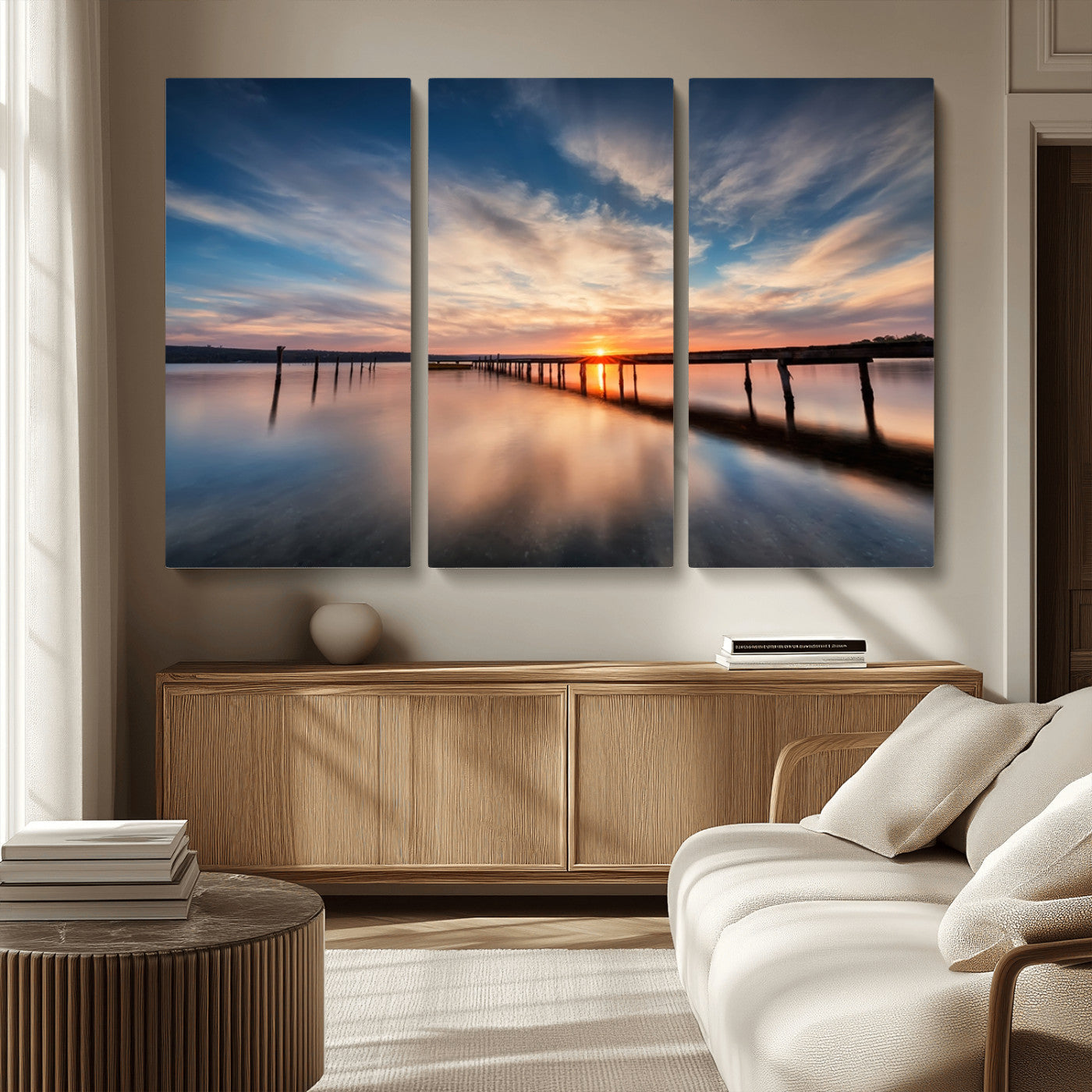 39967-MGV-CV-36X24-Wooden Pier on Seascape and Sunset Wall Art Canvas Print