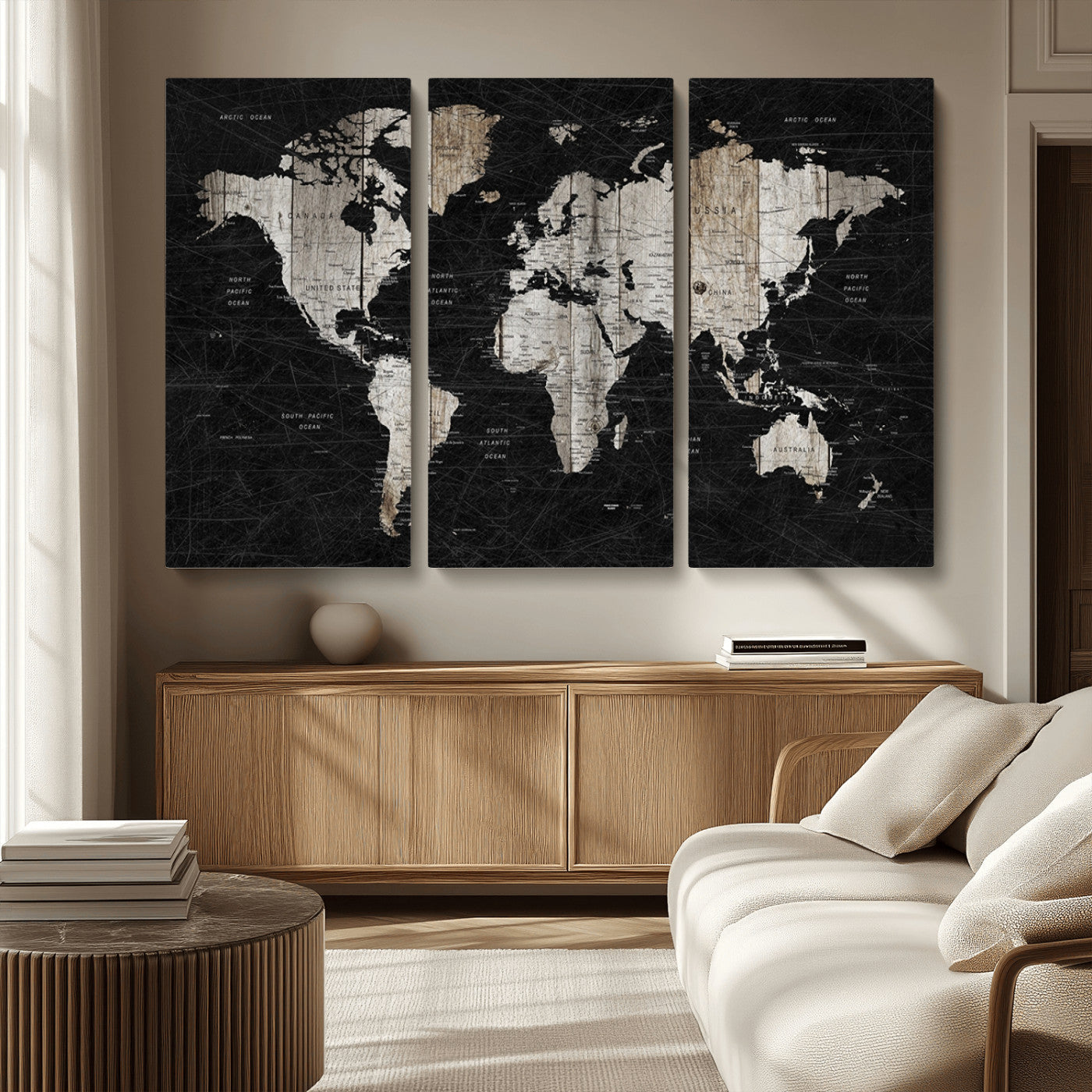 89998-MGV-CV-36X24-Rustic Black and Wood World Map Canvas Wall Art – Framed Push Pin Travel Map for Home and Office Decor, Modern Vintage Wall Artwork