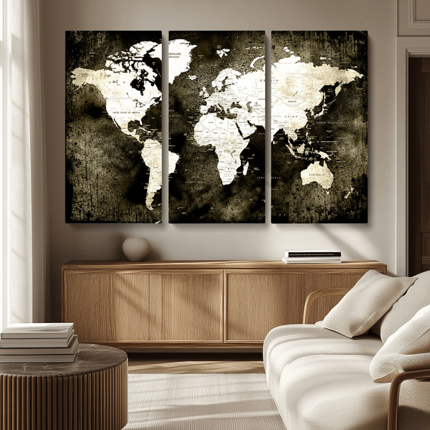 66737-MGV-CV-36X24-Vintage World Map Canvas Wall Art – Framed Push Pin Travel Map for Home and Office Decor, Rustic Wall Artwork for Travelers