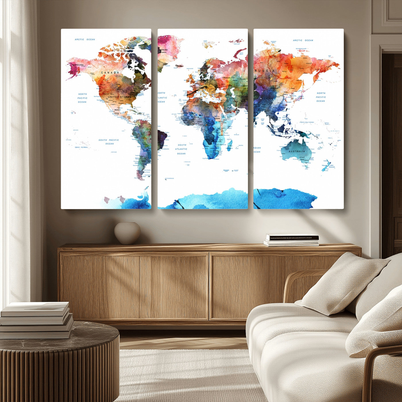 11576-MGV-CV-36X24-Vibrant Watercolor World Map Canvas Wall Art – Framed Push Pin Travel Map for Home and Office Decor, Modern Colorful Wall Artwork