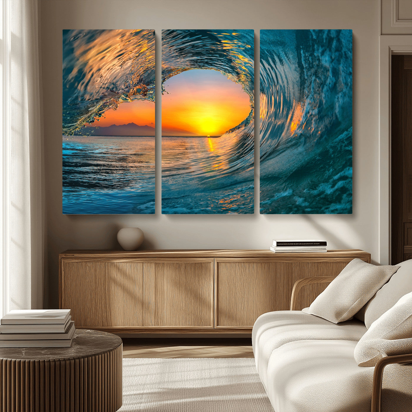-Ocean Wave Sunset Wall Art | Large Coastal Wave Canvas Print | 3-Panel Ocean Sunset Seascape for