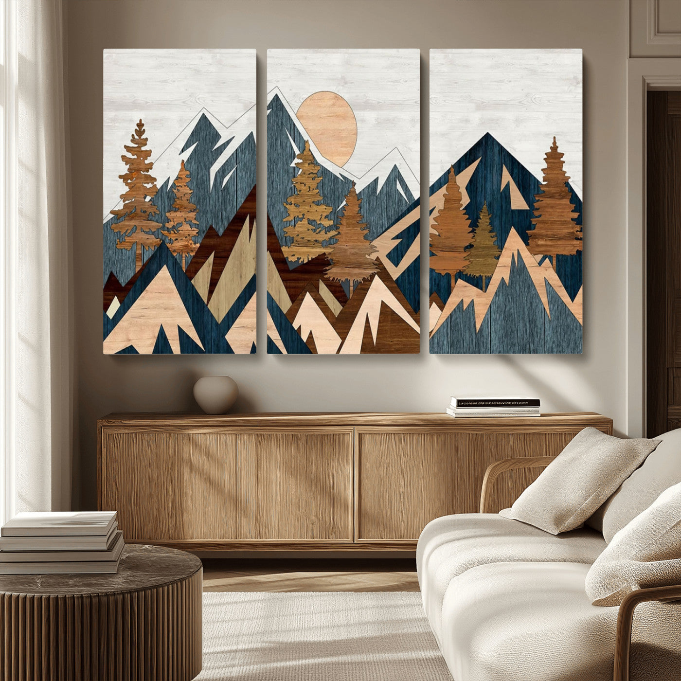 91467-MGV-CV-36X24-Abstract Wood Panel Effect Mountain Range Top Wall Art Canvas Print