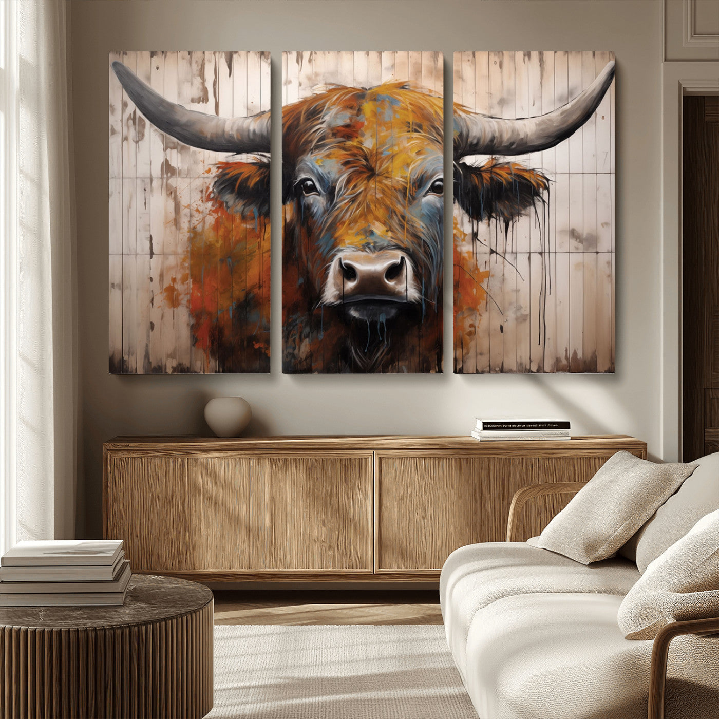 47284-MGV-CV-36X24-Scottish Highland Cow Cattle Art Print on Wood Style Background