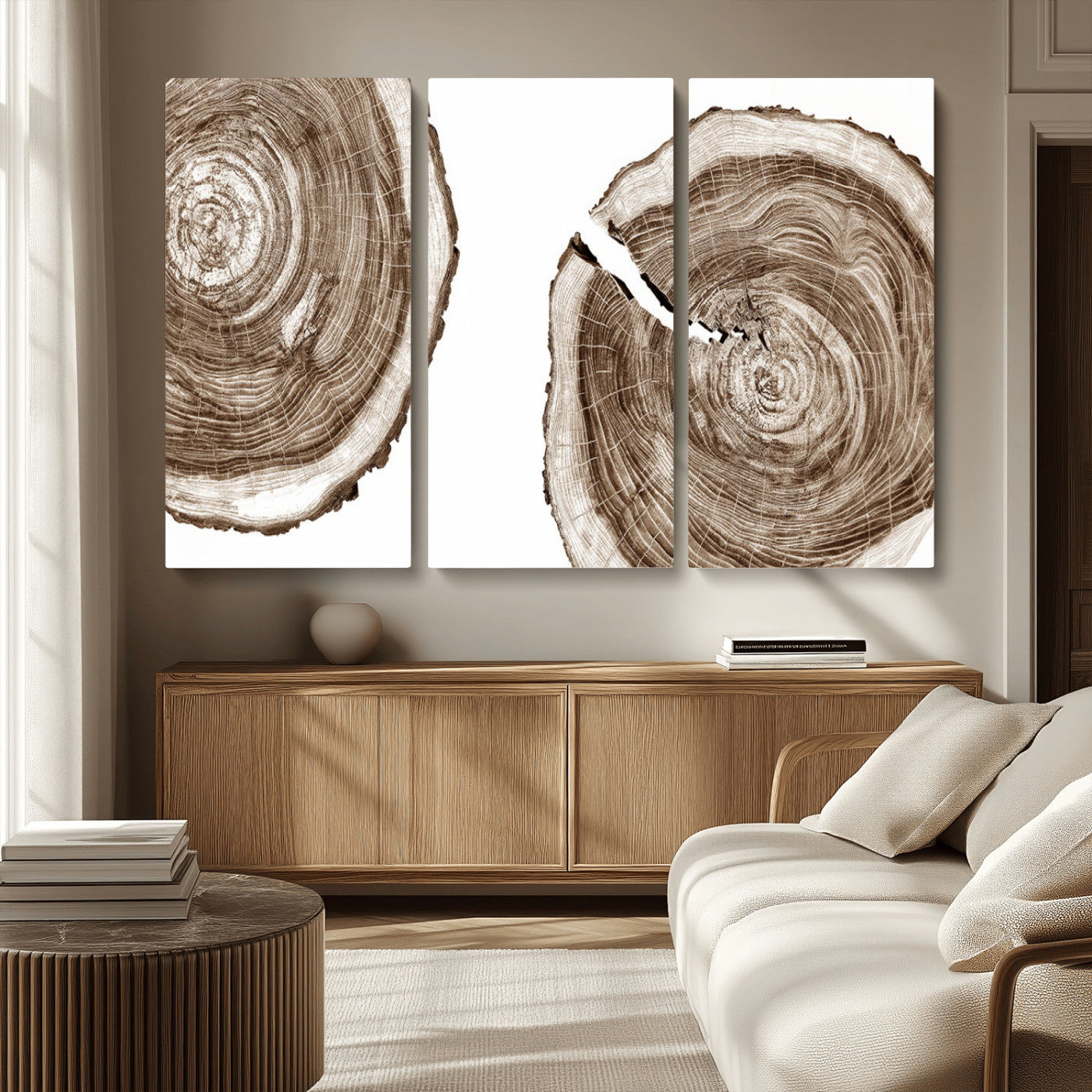 43743-MGV-CV-36X24-Wood Tree Ring Wall Art Canvas Prints, Tree Rings – Minimalist Black and White Wood Art | Triptych