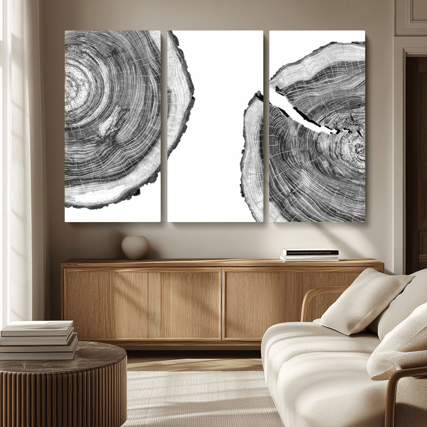 52770-MGV-CV-36X24-Abstract Large Tree Rings – Minimalist Black and White Wood Art | Triptych Canvas, Modern Wall Decor