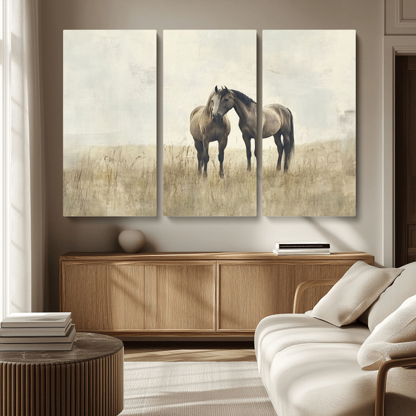 -Chines Style Grunge Horses Wall Art Canvas Print