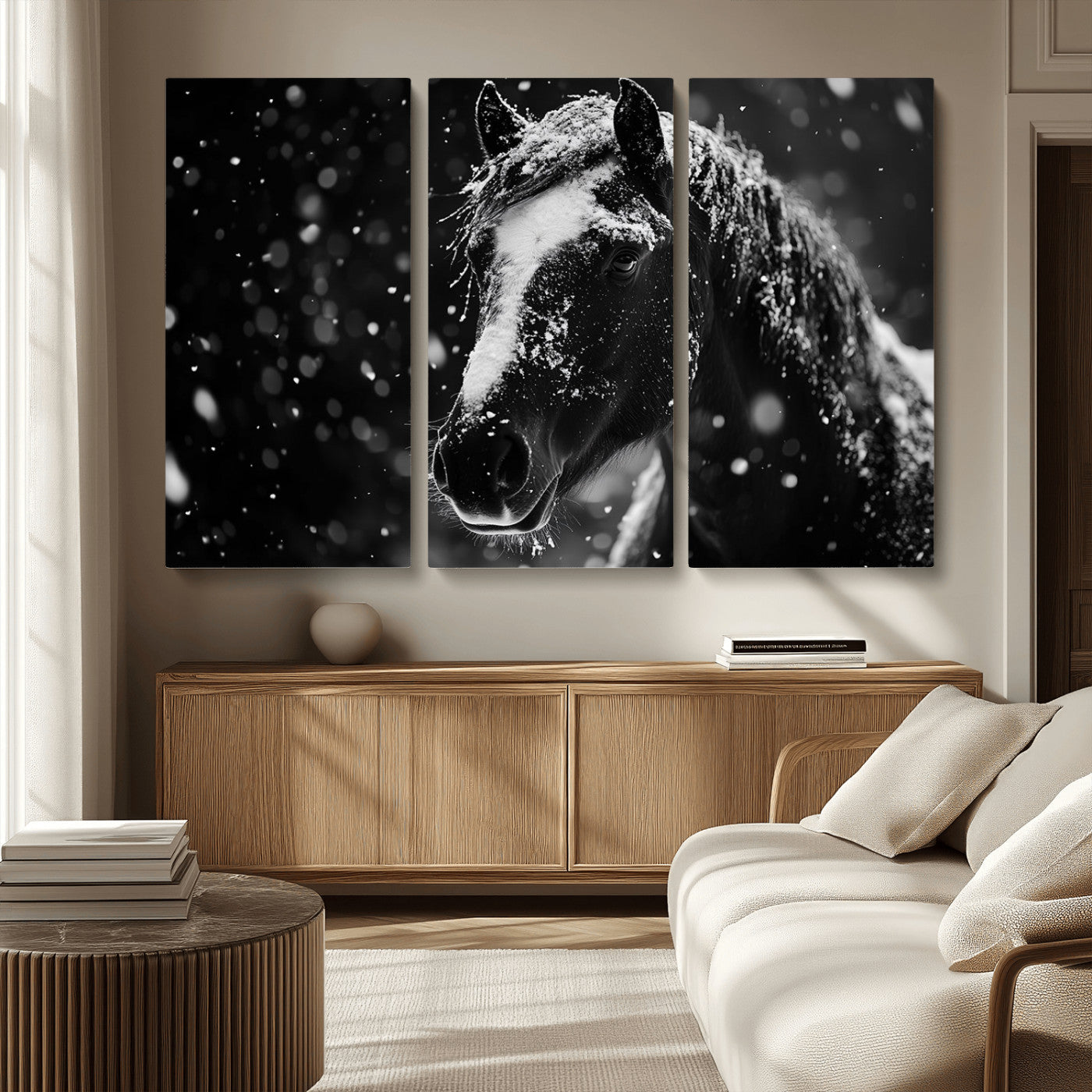 -Winter Horse Wall Art | Black and White Horse Print | Ready to Hang and Framed | Farmhouse Wall Art