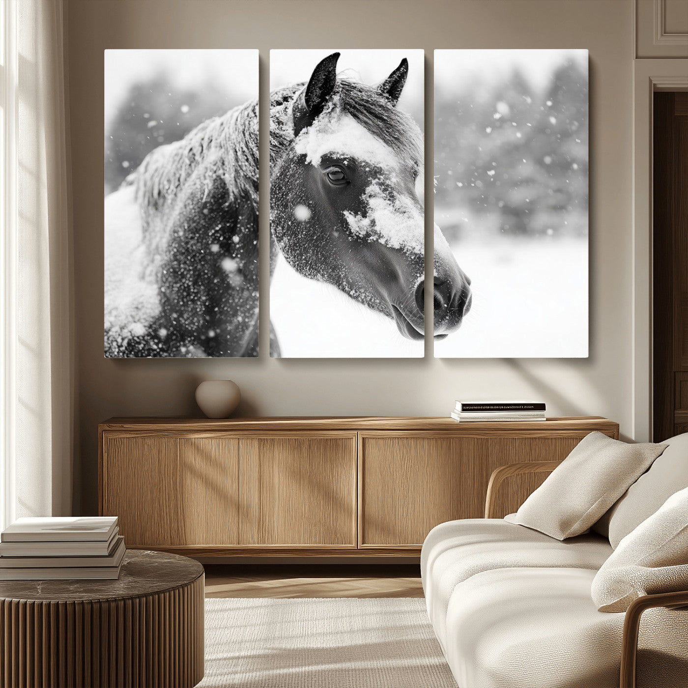 -Black Horse Winter Wall Art | Ready to Hang and Framed | Farmhouse and Western Wall Decor for Living