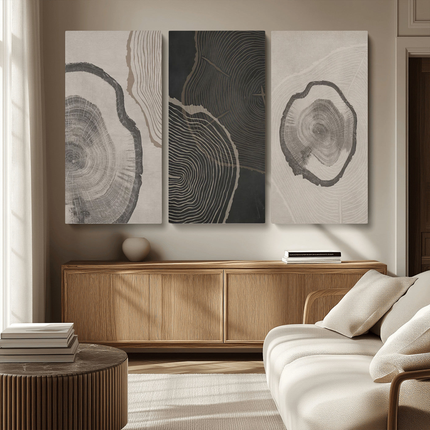 25407-MGV-CV-36X24-Modern Abstract Tree Ring Canvas Art Set | 3 Panel Large Tree Ring Design for Living Room, Office,