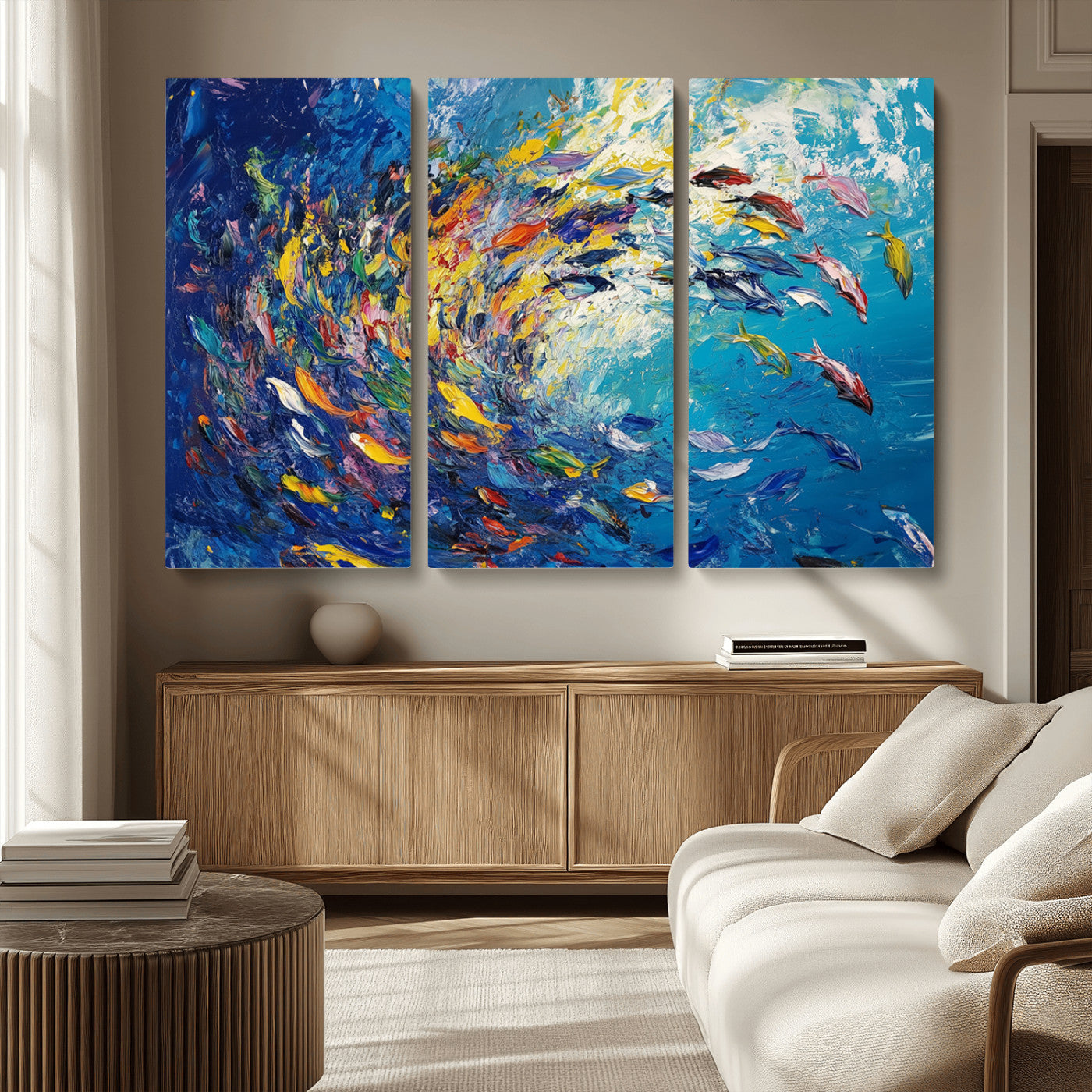 -Colorful Swirling Fish School Wall Art Canvas Print | Oceanic Abstract Painting | Ready to Hang |