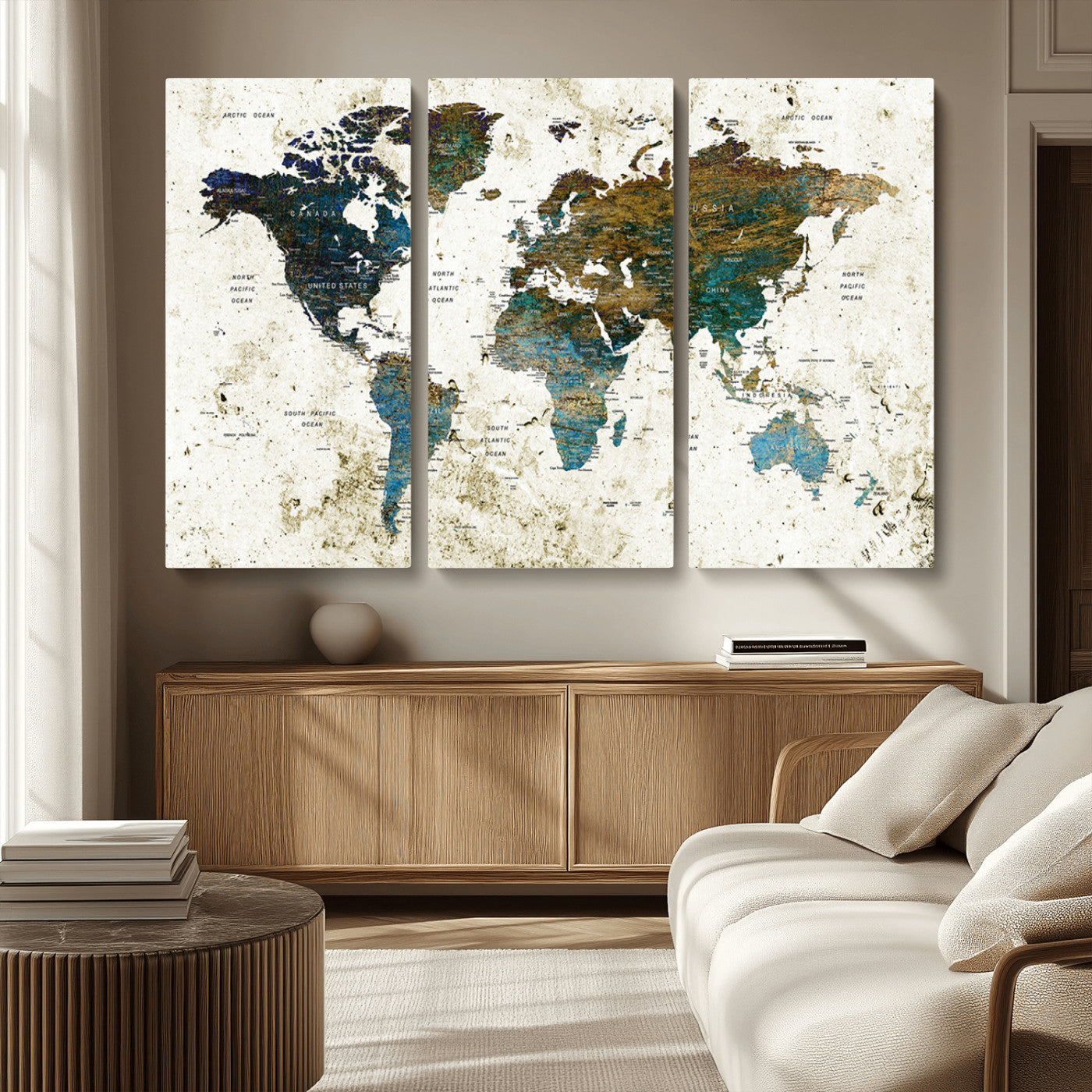 89176-MGV-CV-36X24-Vintage Blue and Brown World Map Canvas Wall Art – Framed Rustic Map Print, Earth Tone Travel Decor for Stylish Home and Office Walls