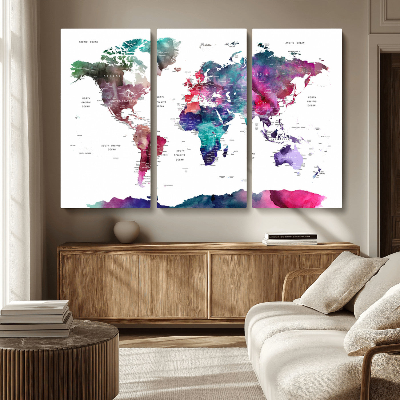 78176-MGV-CV-36X24-Colorful Watercolor World Map Canvas Wall Art – Framed Modern Map Print, Vibrant Travel Inspired Artwork for Home and Office Decor