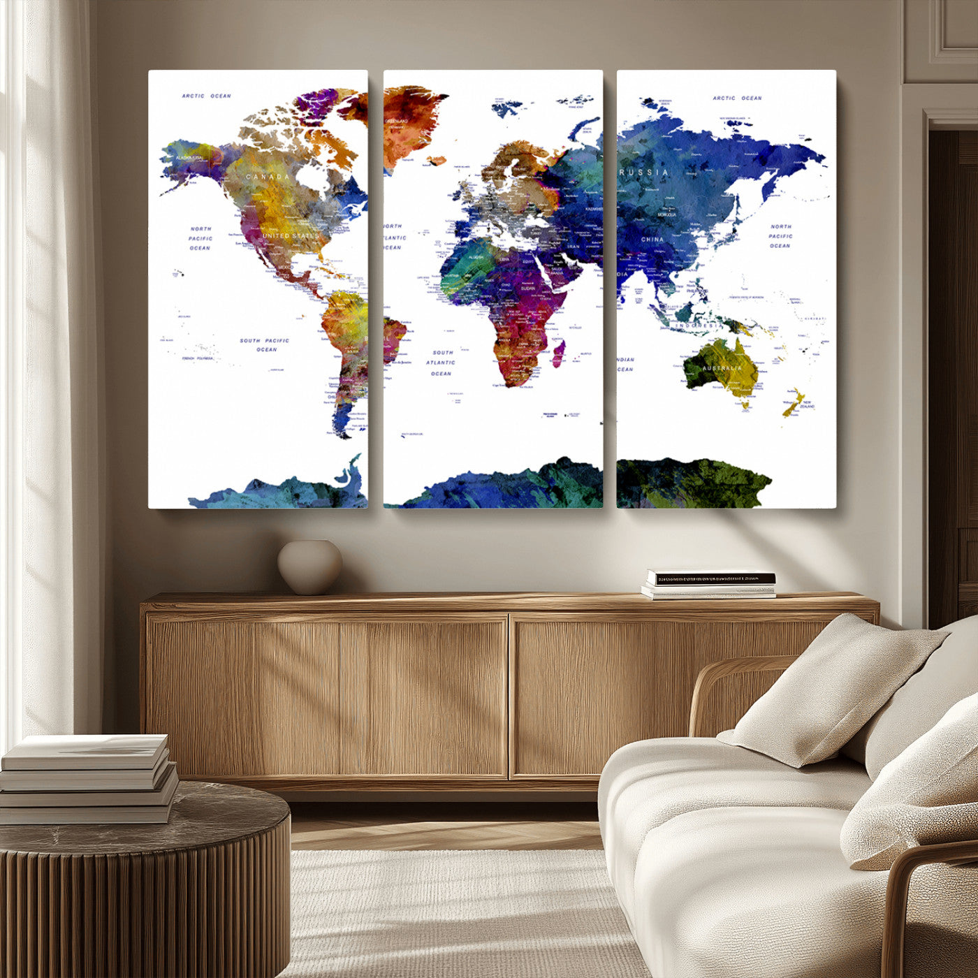 90446-MGV-CV-36X24-Colorful Watercolor World Map Canvas Wall Art – Framed Modern Push Pin Travel Map for Home and Office Decor