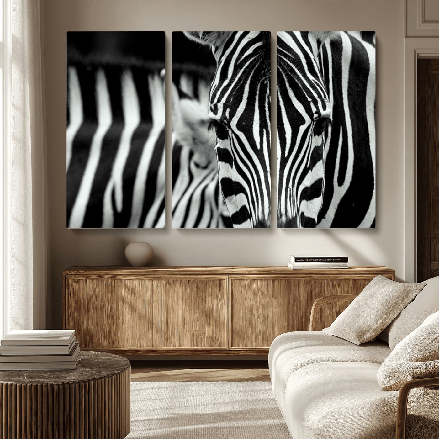 MGV-CV-48X32-3P - Zebra Wall Art – Close Up Black and White Animal Print, Bold Safari Decor for Living Room, Office, or Bedroom