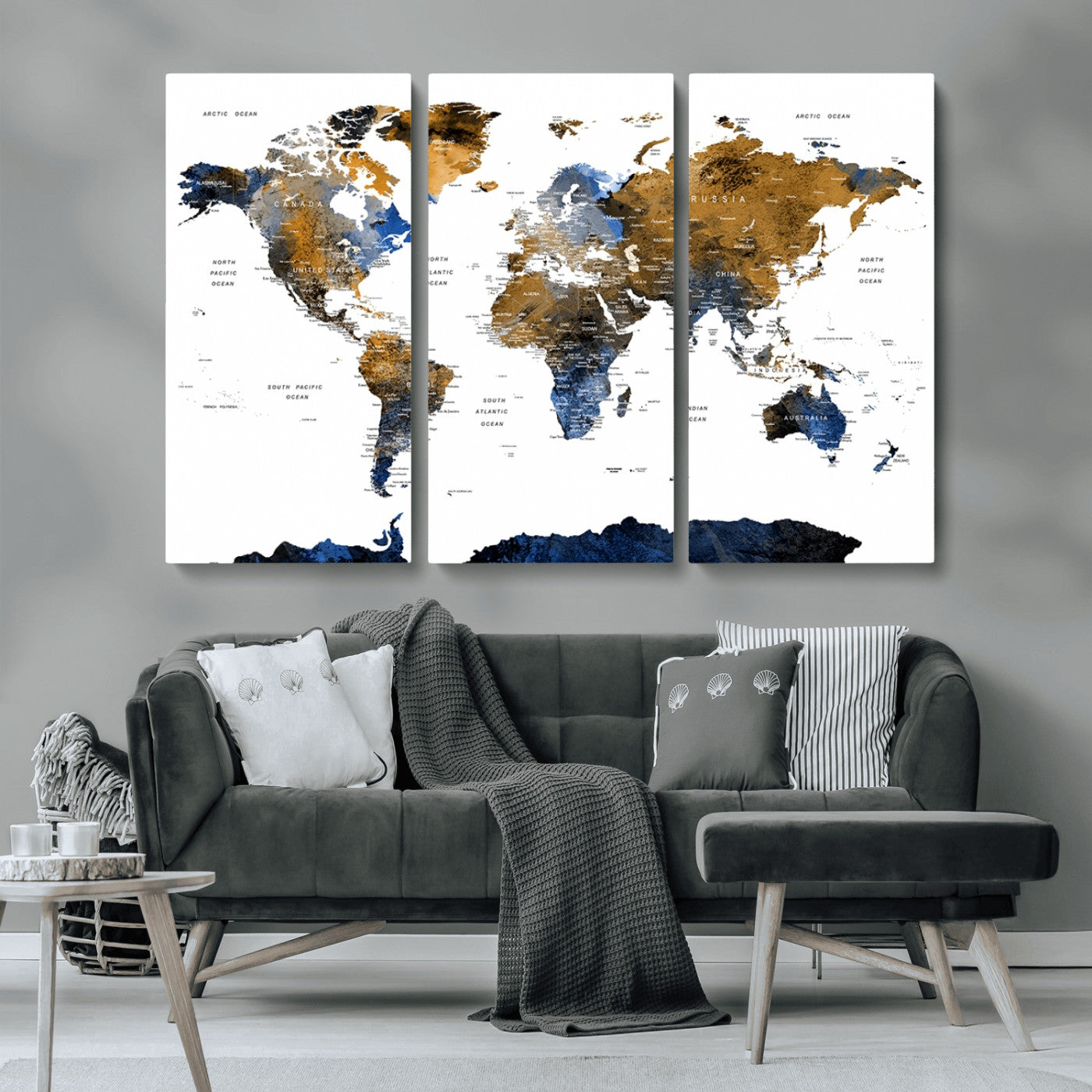 56231-MGV-CV-36X24-Navy and Gold World Map Canvas Wall Art – Framed Modern World Map Print, Elegant Travel Inspired Artwork for Home and Office Decor