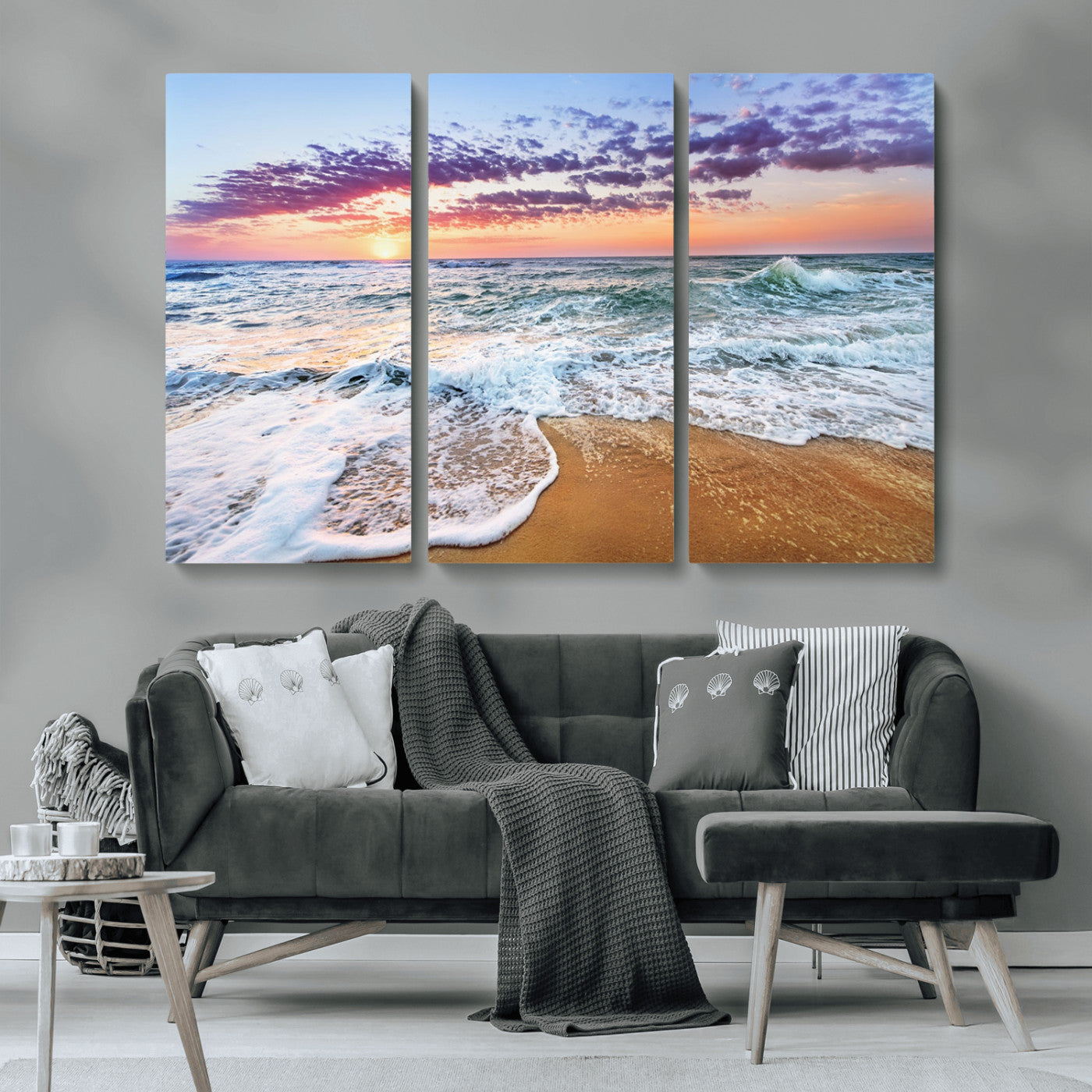 -Coastal Sunset Art Beach Canvas Wall Art Print | Ocean Waves Wall Art | Large 3-Panel Seascape for