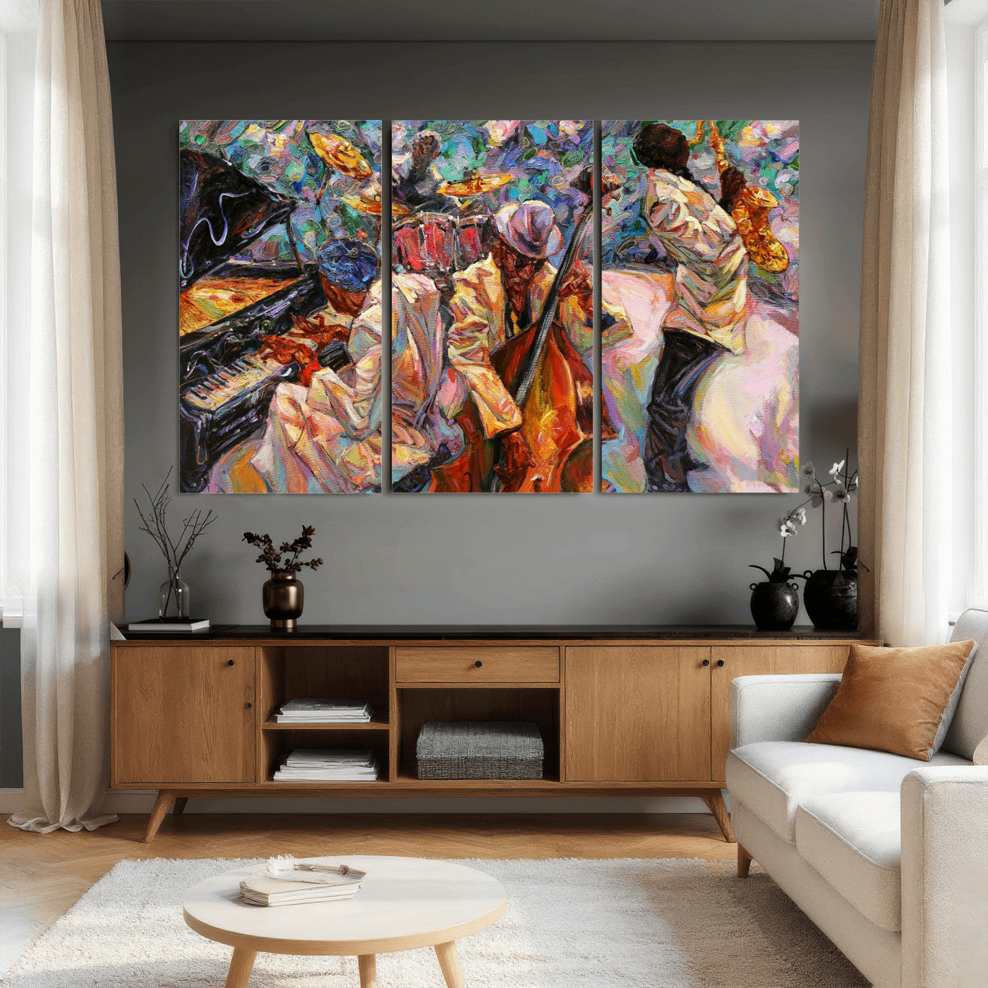 34929-MGV-CV-36X24 - African American Jazz Art Music Abstract Wall Art Painting Canvas Wall Art