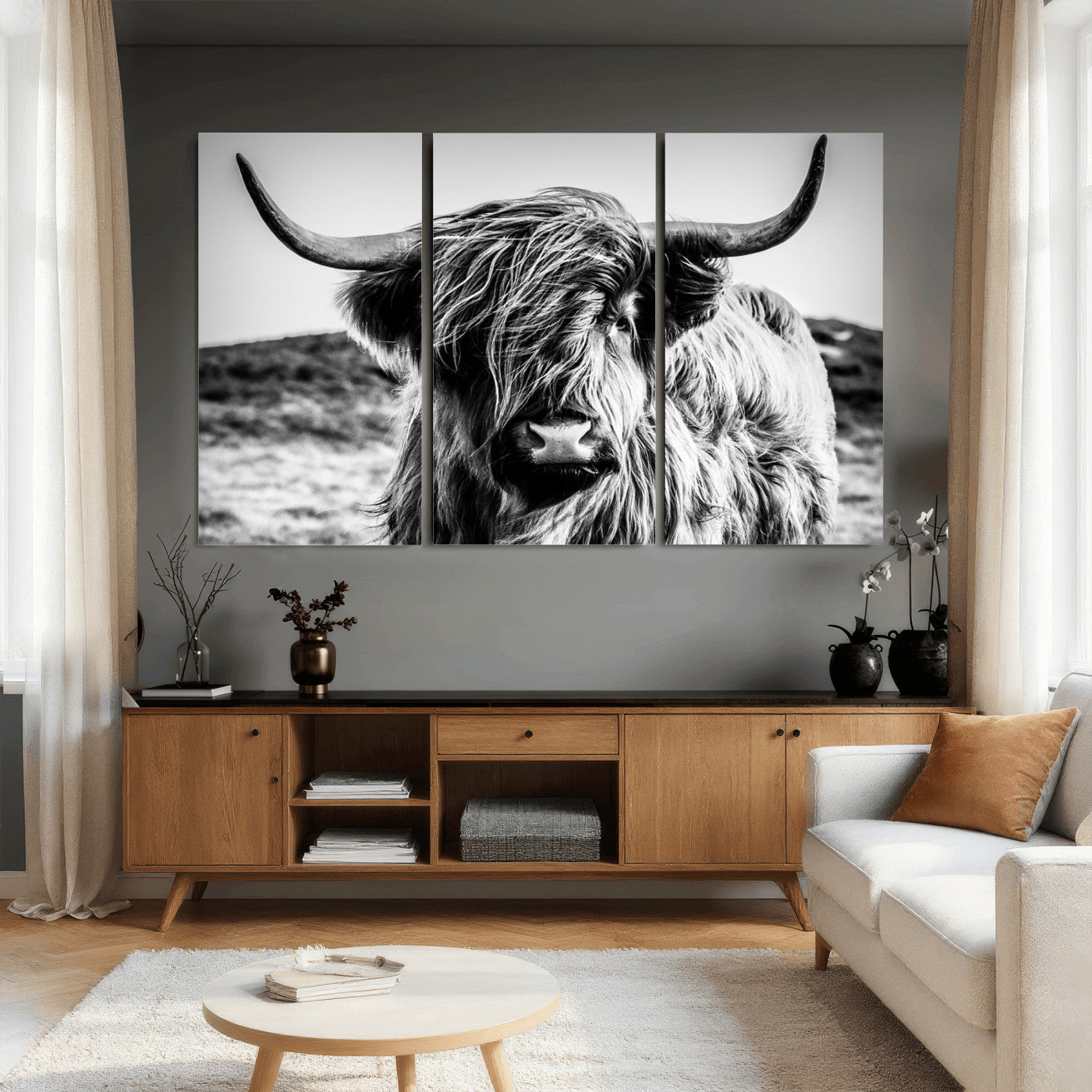 54309-MGV-CV-36X24 - Black and White Scottish Cow Canvas Wall Art Highland Cattle Canvas Print Framed Ready to Hang Original Cotton Canvas High Quality Image Multi Panel Wall Art Printable Artwork for Walls
