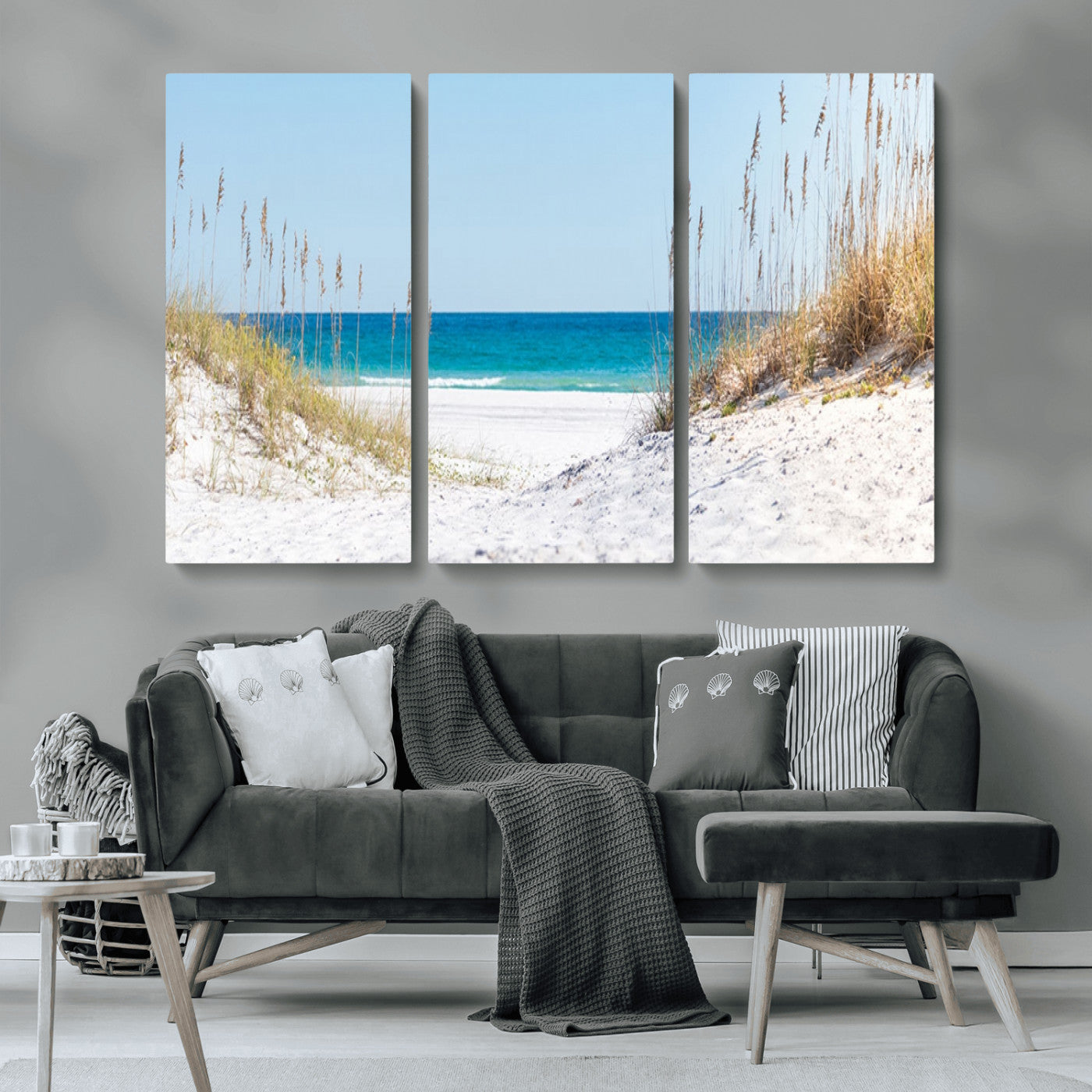 -Serene Coastal Dune Path with Ocean View, 3-Panel Beach Canvas Wall Art, Tranquil Seascape Giclee