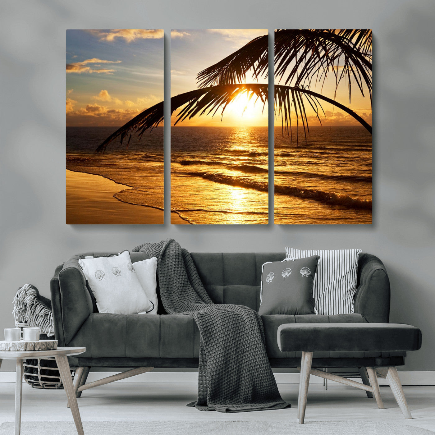 -Golden Tropical Beach Sunset Canvas Triptych, Coastal Palm Tree Wall Art, Ocean Shoreline Giclee