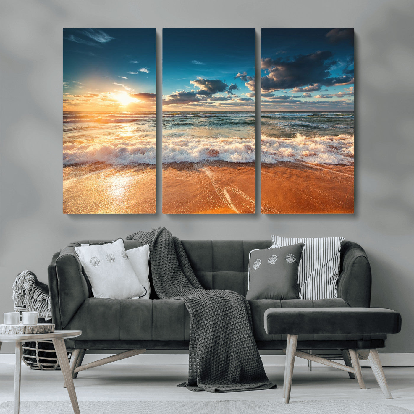 -Golden Sunset Beach Triptych Canvas Art, Giclee Coastal Wall Decor, Ocean Waves Print, Modern Beach