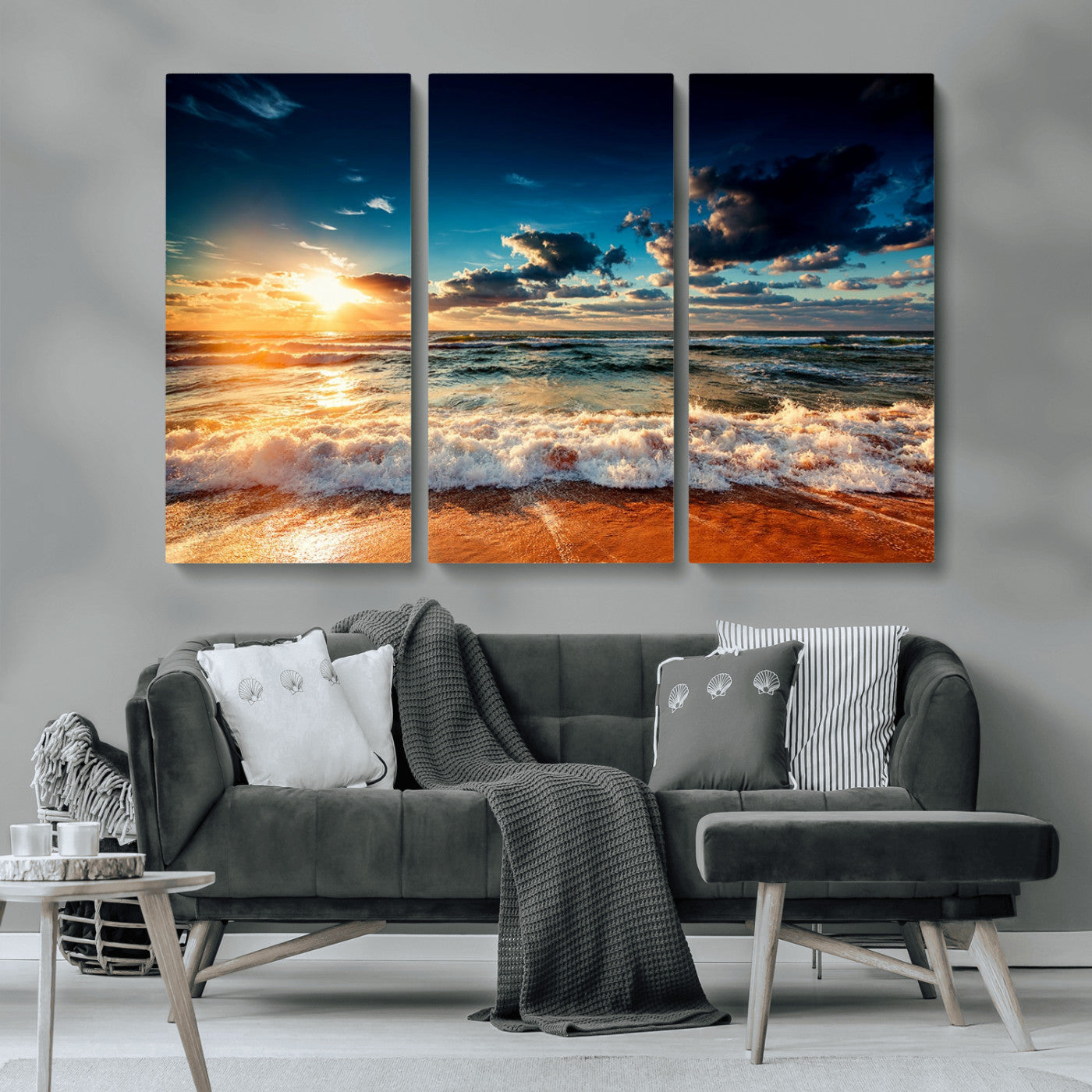 -Golden Hour Sunset Over Ocean Waves Wall Art Canvas Print | 3 Panel Coastal Landscape Canvas Wall