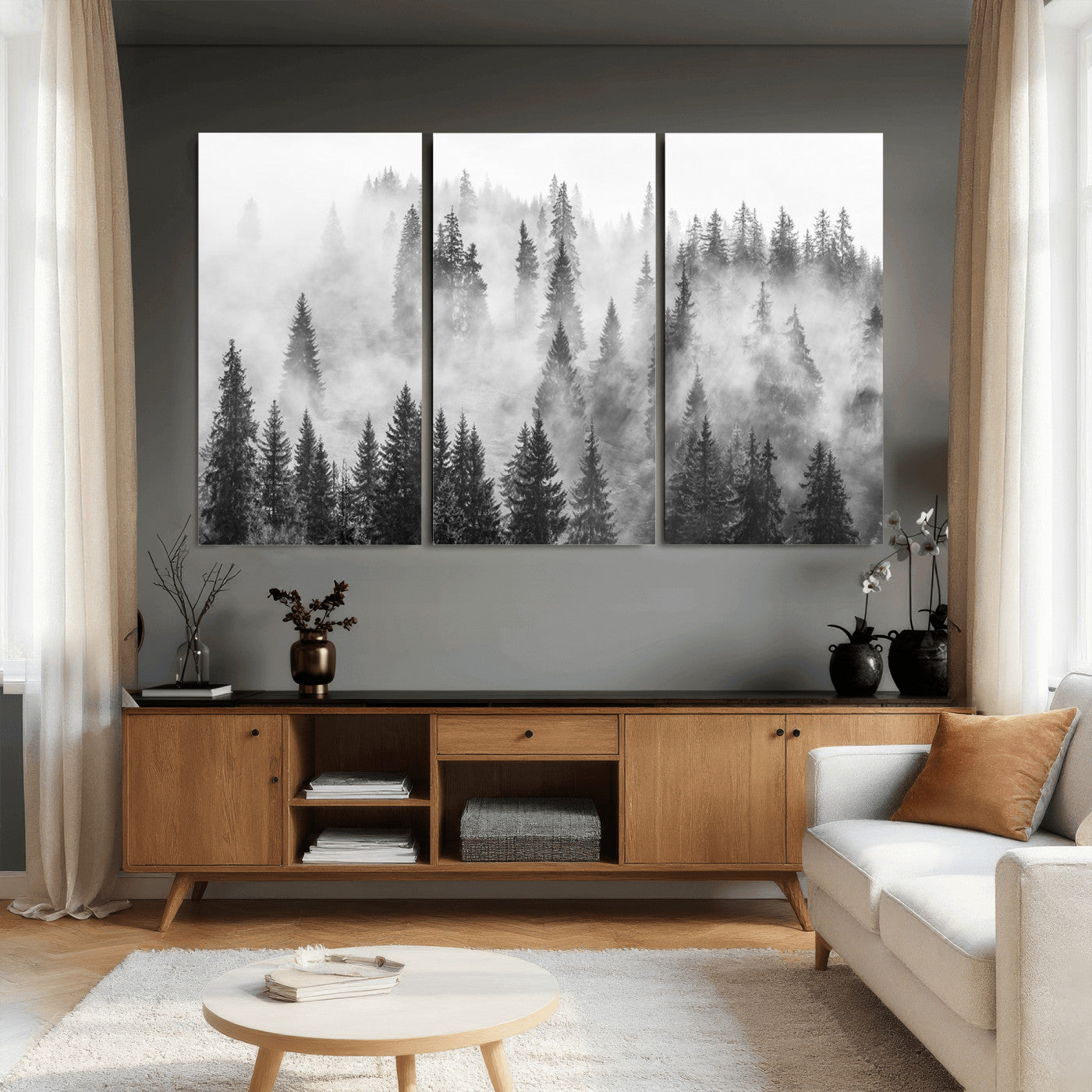 10422-MGV-CV-36X24 - Forest Wall Art Print | Foggy Pine Forest Canvas Wall Art - Black and White Nature Decor for Living
