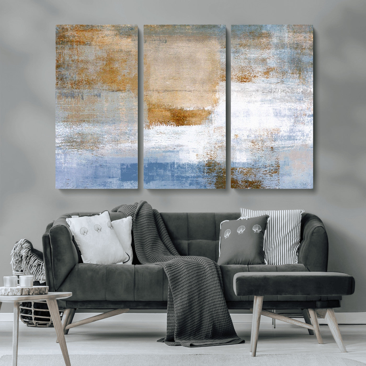 72354-MGV-CV-36X24-Blue Multi Panel Abstract Wall Art Canvas, Abstract Blue and Gold Canvas Print
