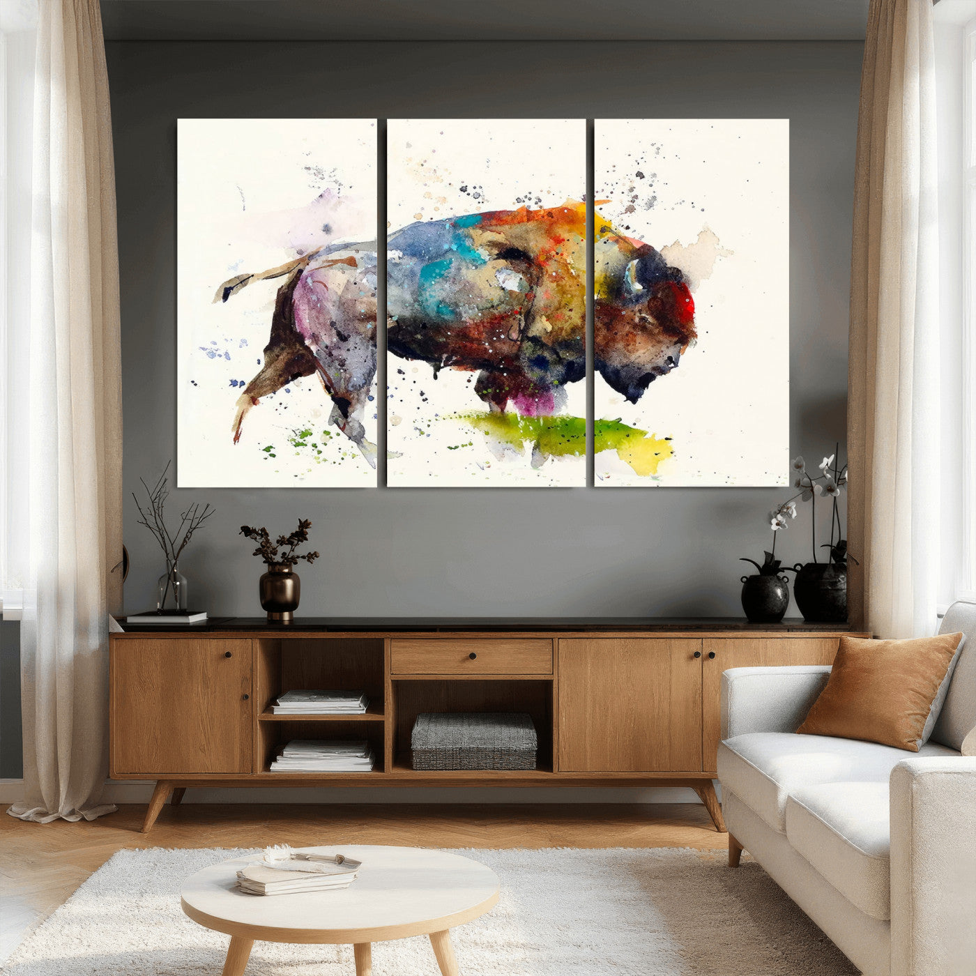 44504-MGV-CV-36X24 - Abstract Buffalo Wall Art, Western Watercolor Bison Canvas Print, Rustic Buffalo Art for Cowboy and