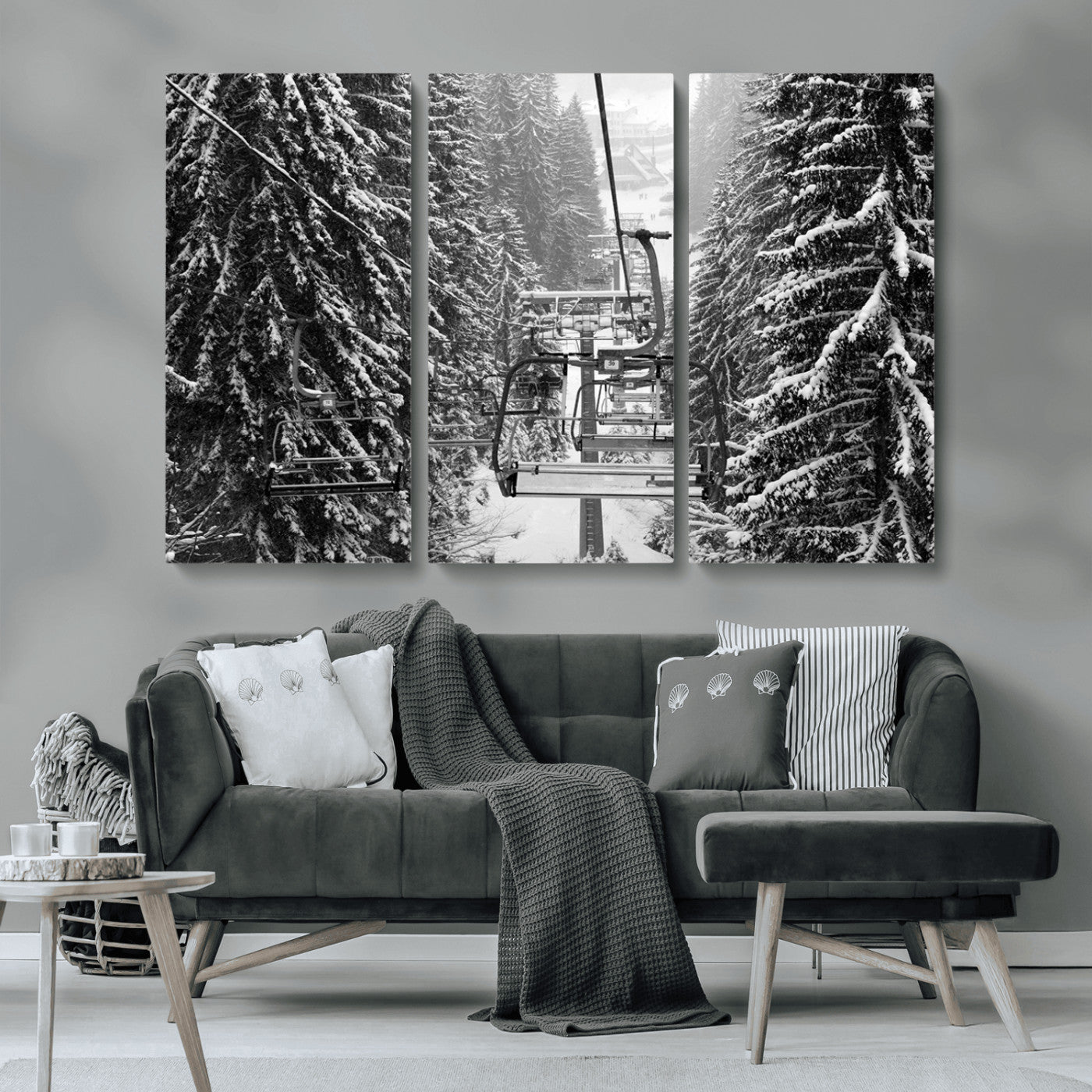 19240-MGV-CV-36X24-Winter Ski Lift Black and White Canvas Wall Art – Alpine Escape in Minimalist Style – Winter Ski