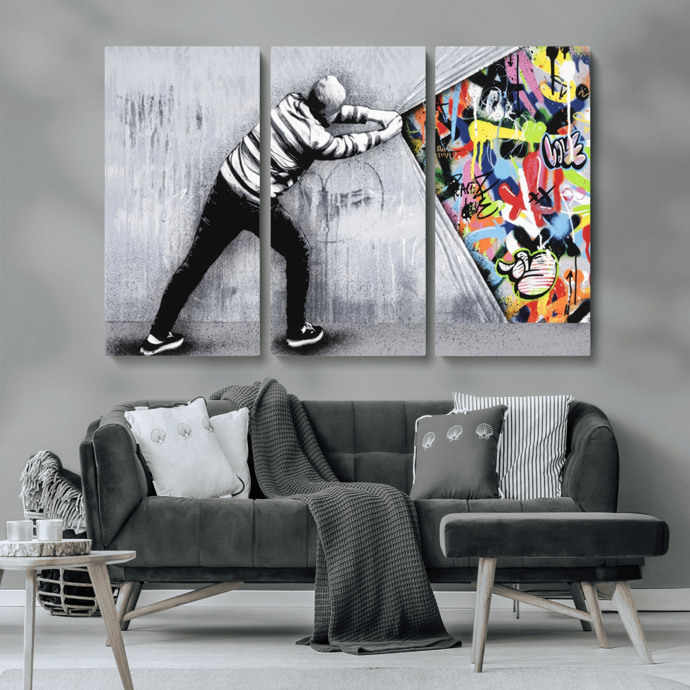 52252-MGV-CV-36X24-Banksy Art Behind the Curtain Street Wall Art Canvas Print | 3-Panel Urban Graffiti-Inspired Wall