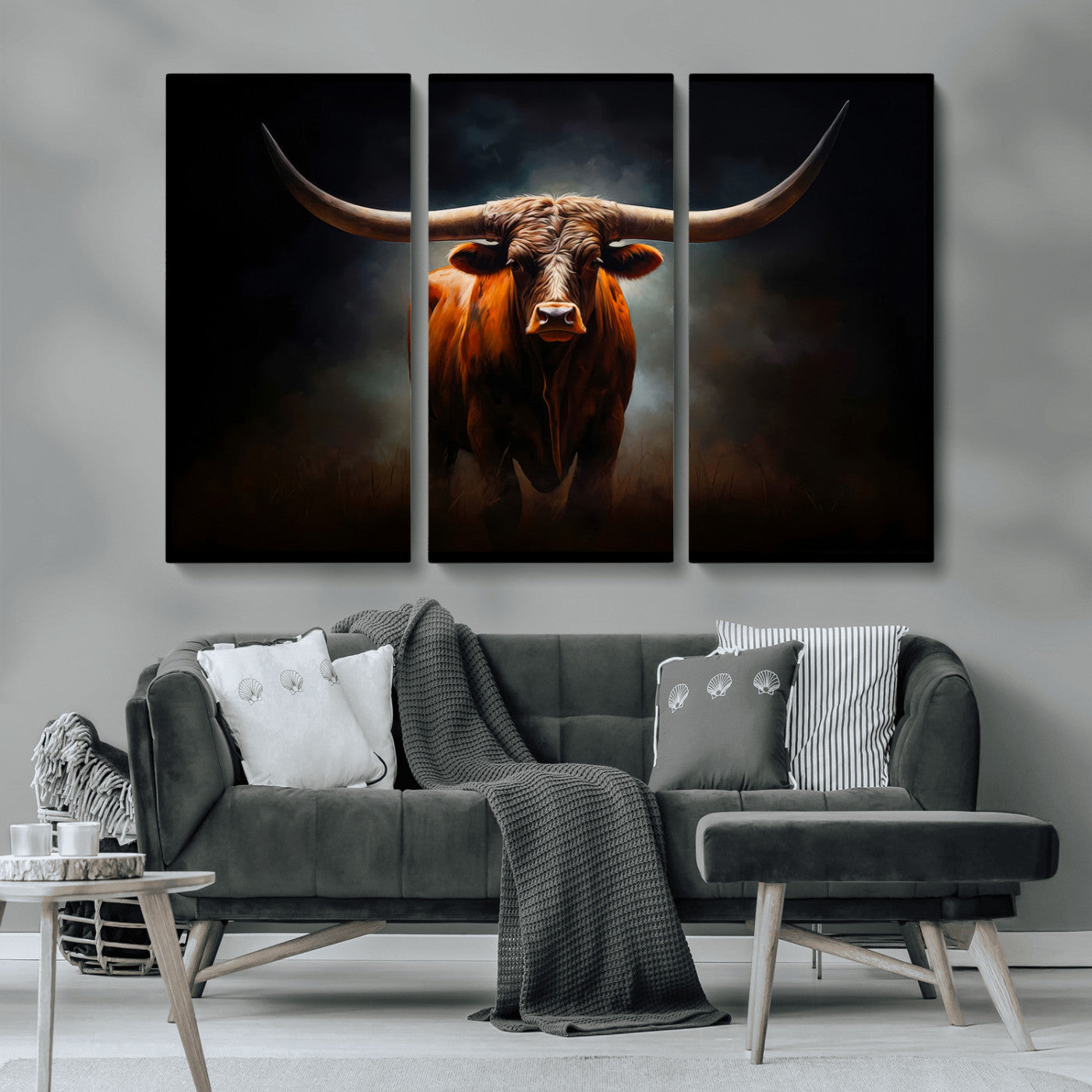 48896-MGV-CV-36X24 - Abstract Texas Longhorn Wall Art Print | 3-Panel Large Texas Longhorn Canvas Print for Living Room,