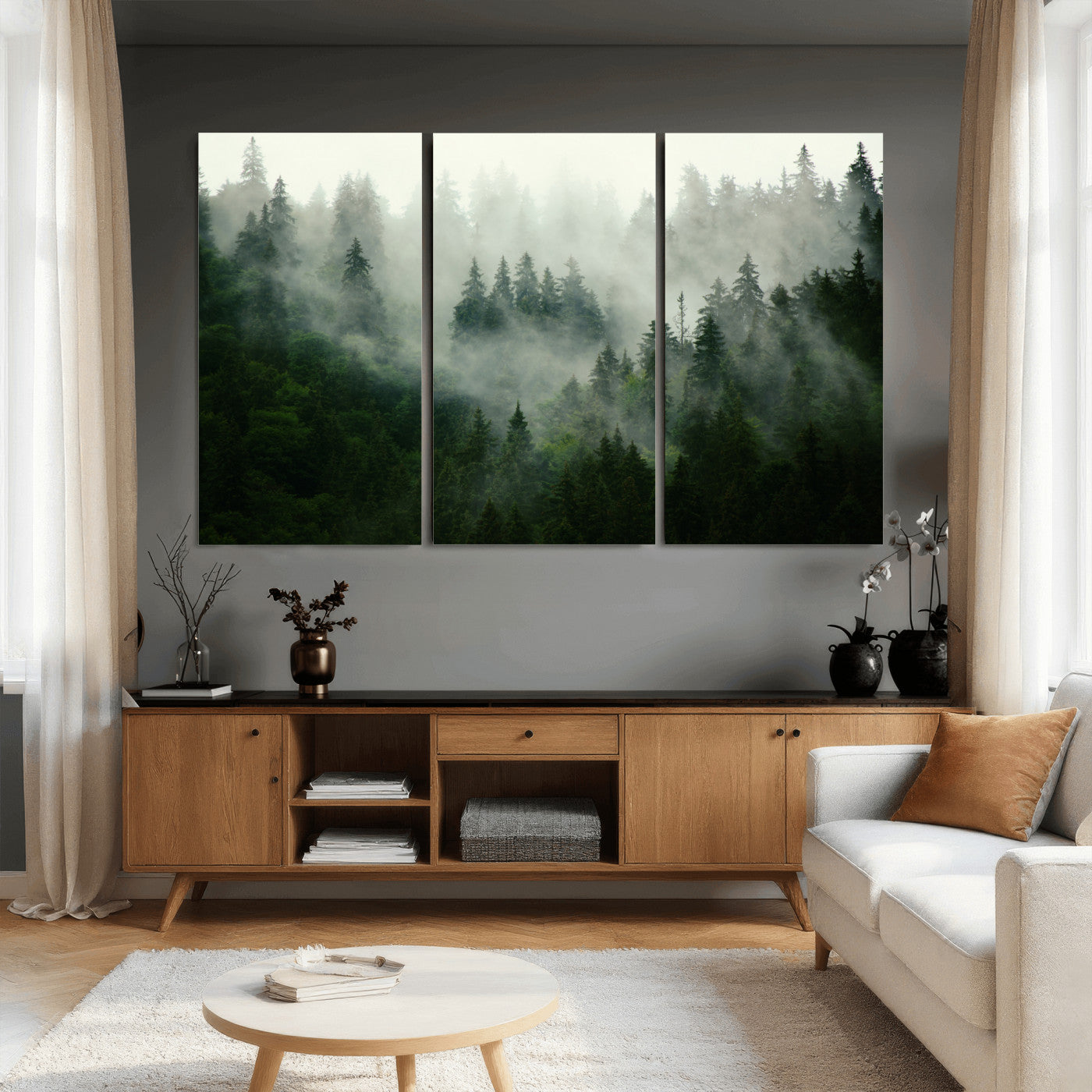 167720496-MGV-CV-36X24 - Misty Forest Mountain Wall Art Canvas | Large 3-Panel Foggy Landscape Canvas Print | Nature Misty
