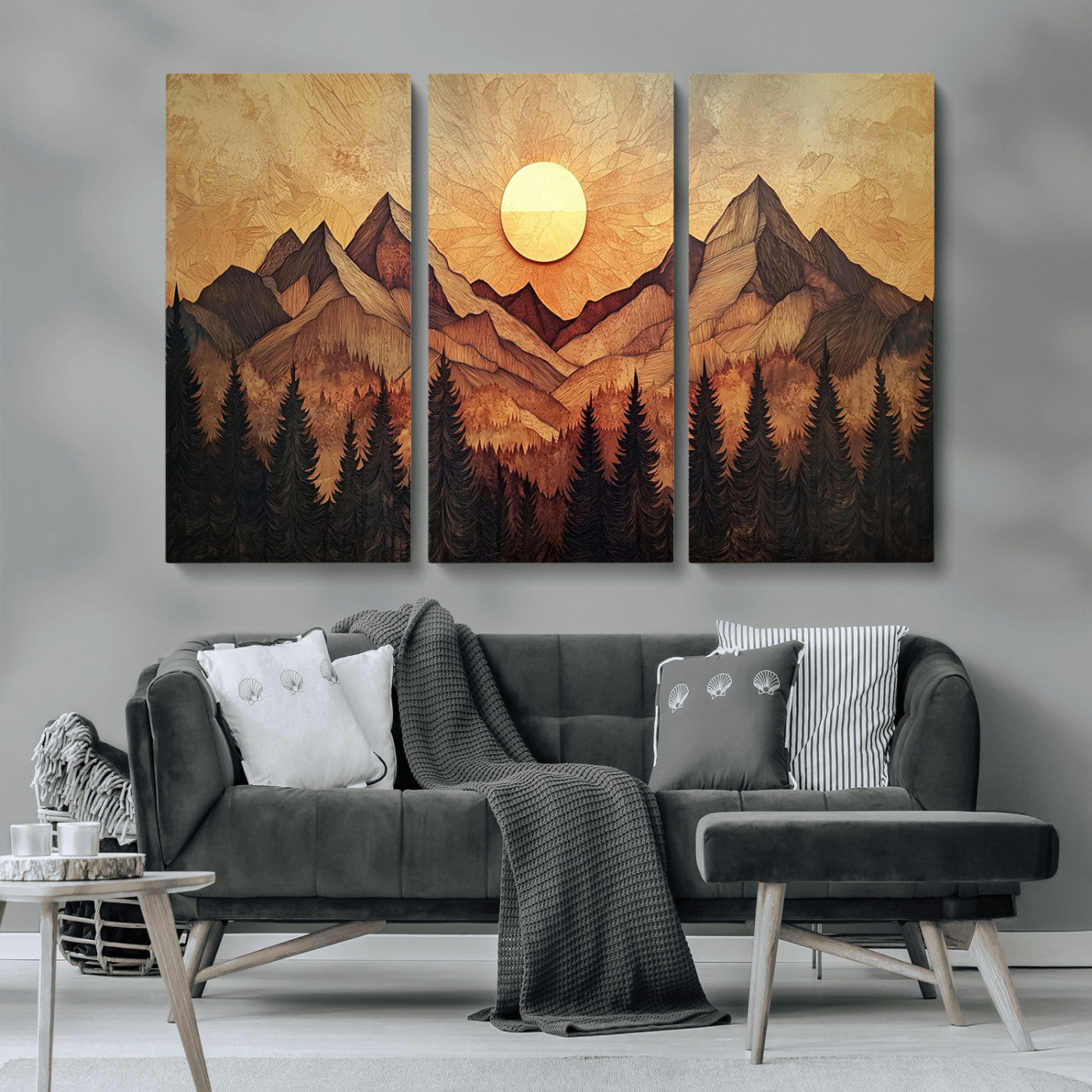 71340-MGV-CV-36X24-Wood Style Abstract Mountain Sunset Canvas Wall Art Print - Warm Earth Nature-Inspired Decor for