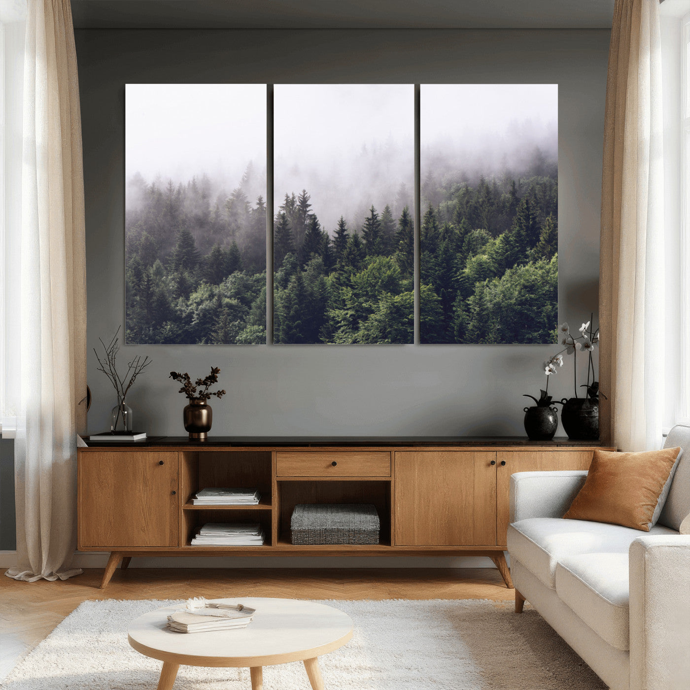 42578900-MGV-CV-36X24 - Misty Forest Canvas Wall Art – Serene Triptych Nature Print – Woodland Landscape Decor for Living
