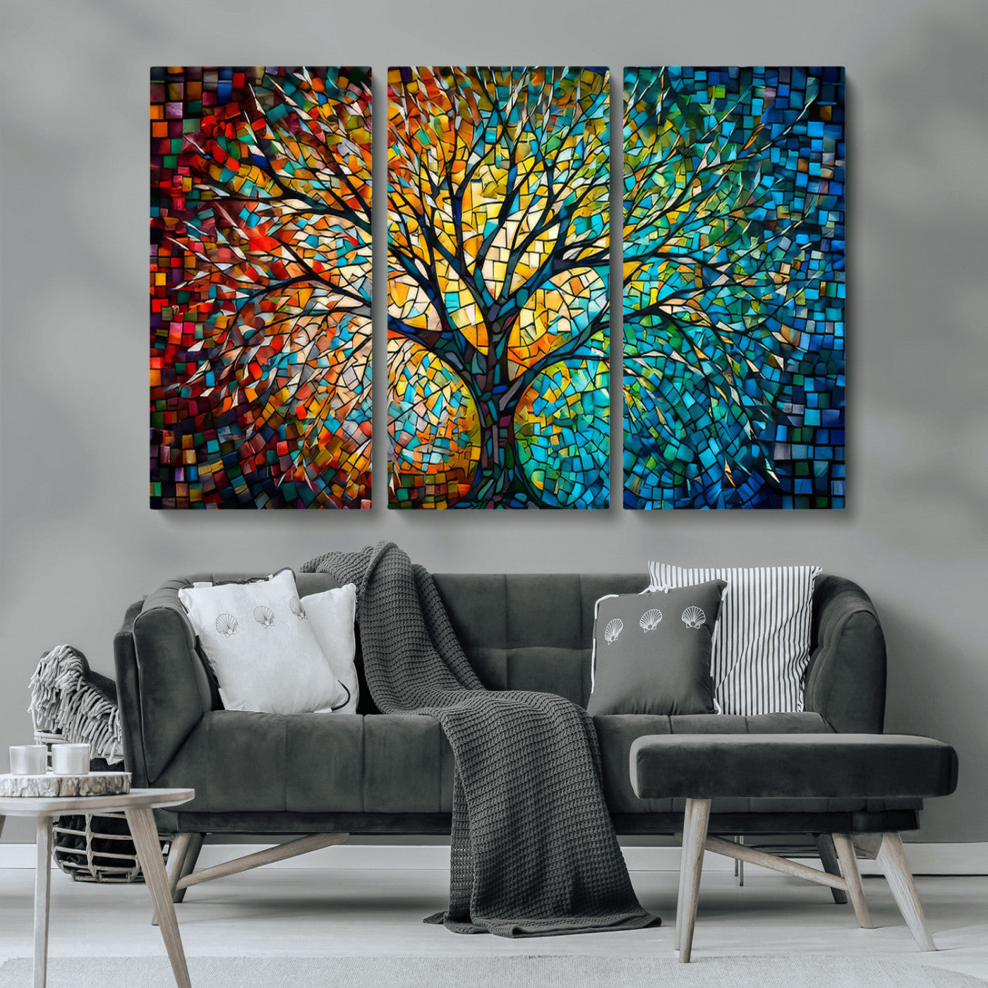 99325-MGV-CV-36X24-Yggdrasil Tree of Life Wall Art Print Canvas | Mosaic Style 3-Panel Canvas Print