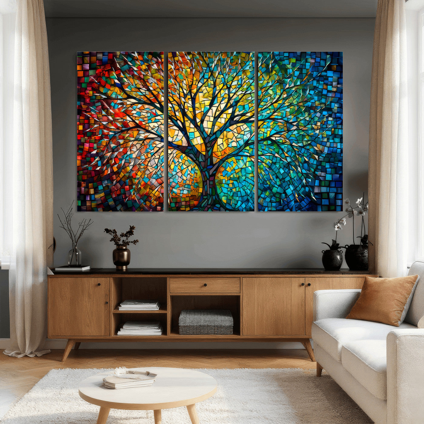 99325-MGV-CV-36X24 - Yggdrasil Tree of Life Wall Art Print Canvas | Mosaic Style 3-Panel Canvas Print